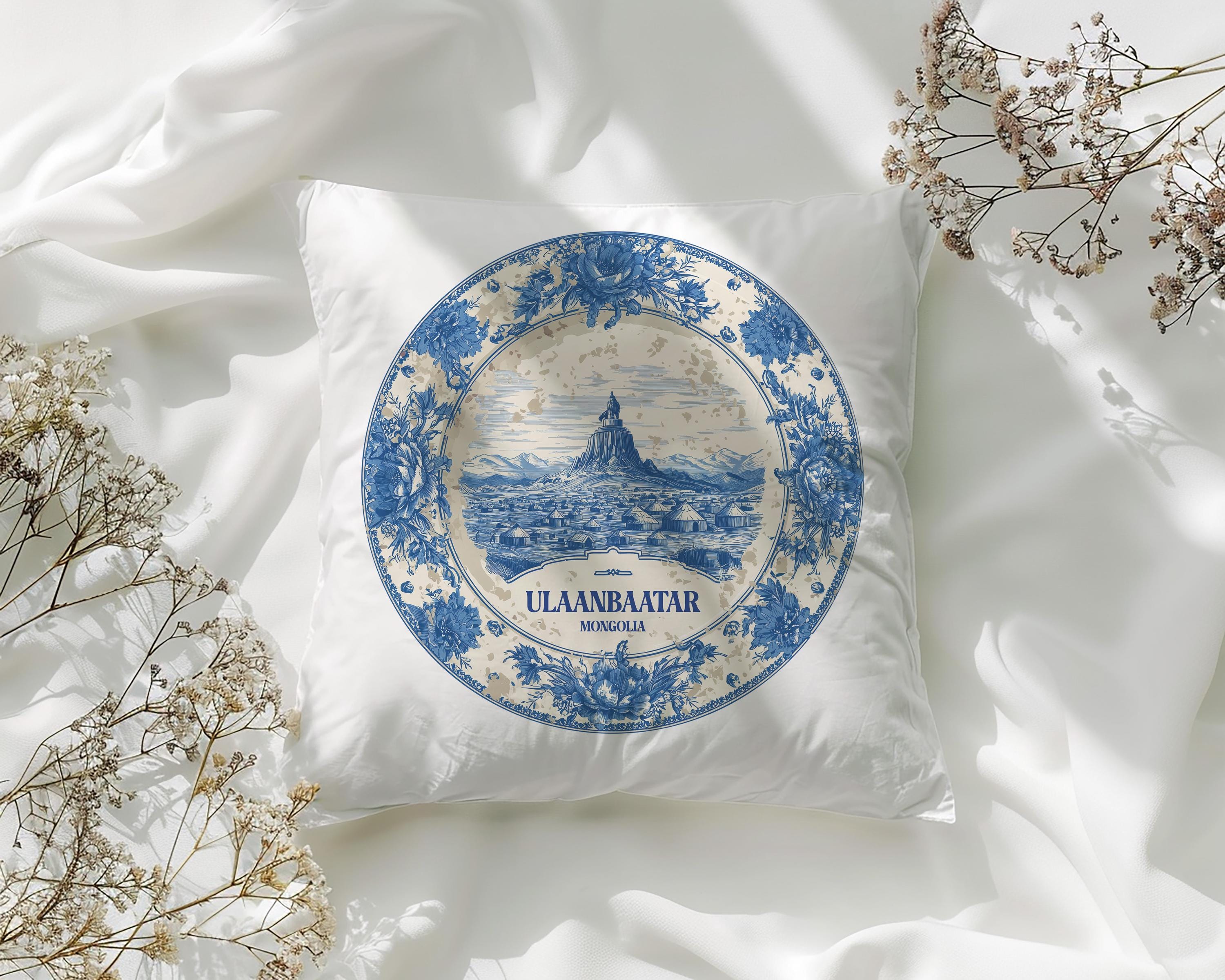 Ulaanbaatar Mongolia Pillowcase, Delft Style Decorative Throw Pillow, Vintage Cityscape Retro Home Decor