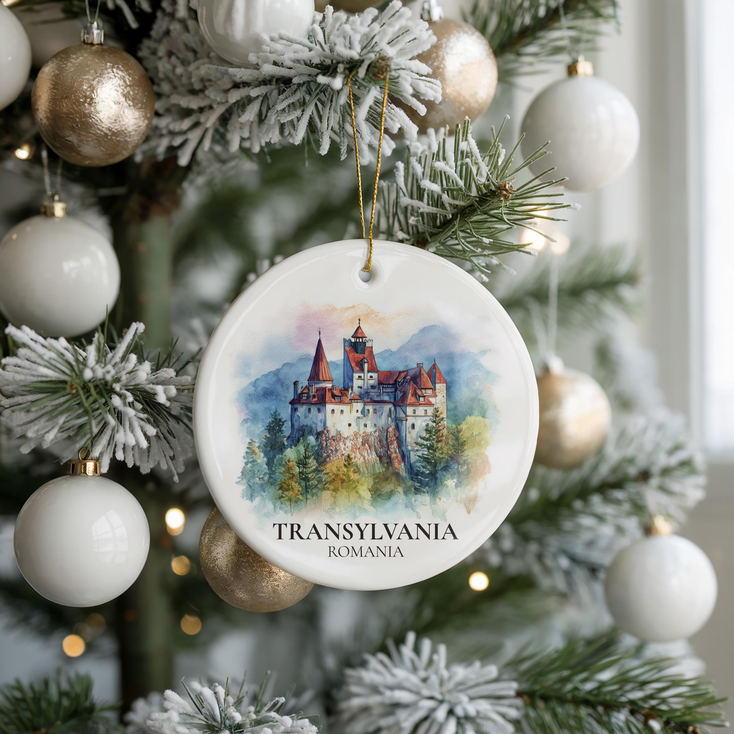 Transylvania Romania Personalized Watercolor Ornament, Custom Ceramic Christmas gift, Travel Keepsake