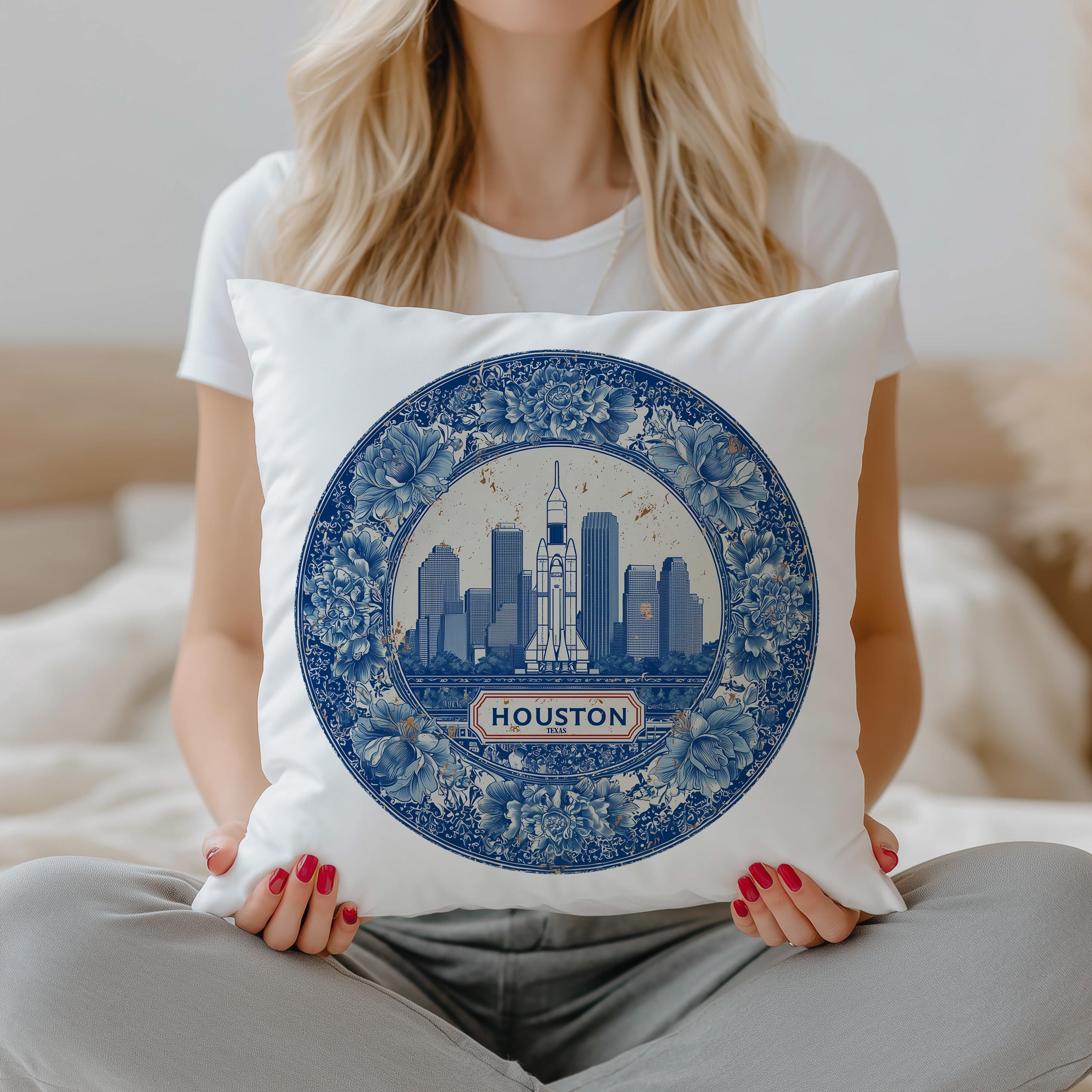 Houston Texas Pillowcase, Delft Style Decorative Throw Pillow, Vintage Cityscape Retro Home Decor