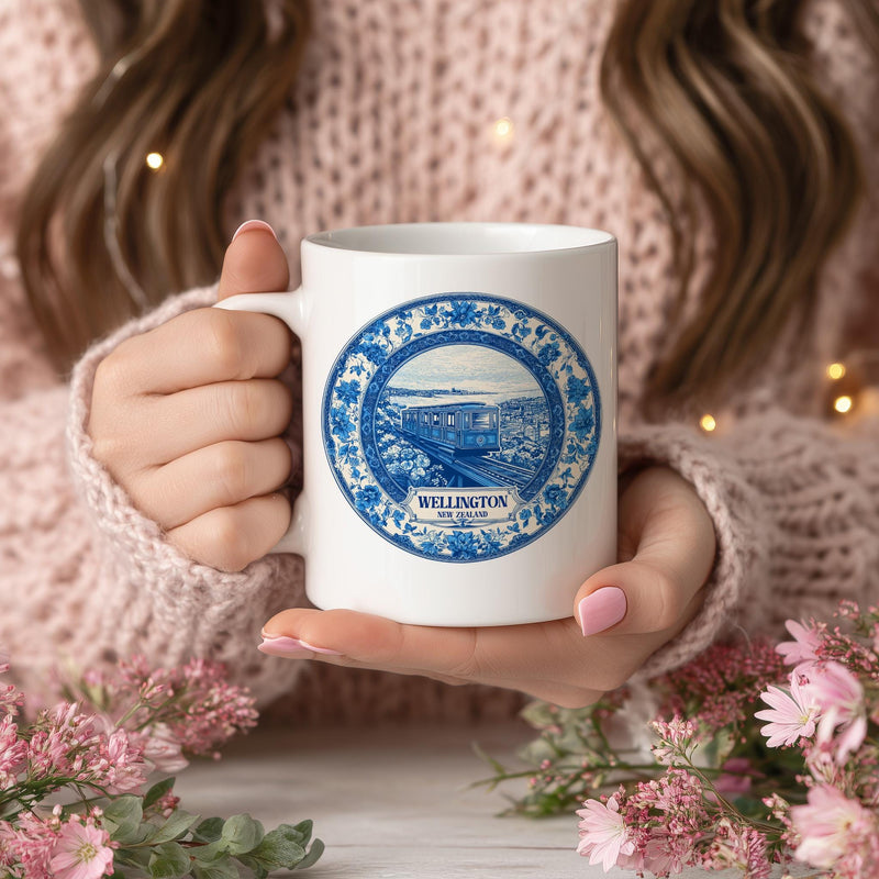 Wellington New Zealand Mug, Custom Delft Style cup, Personalized Vintage Travel City Gift