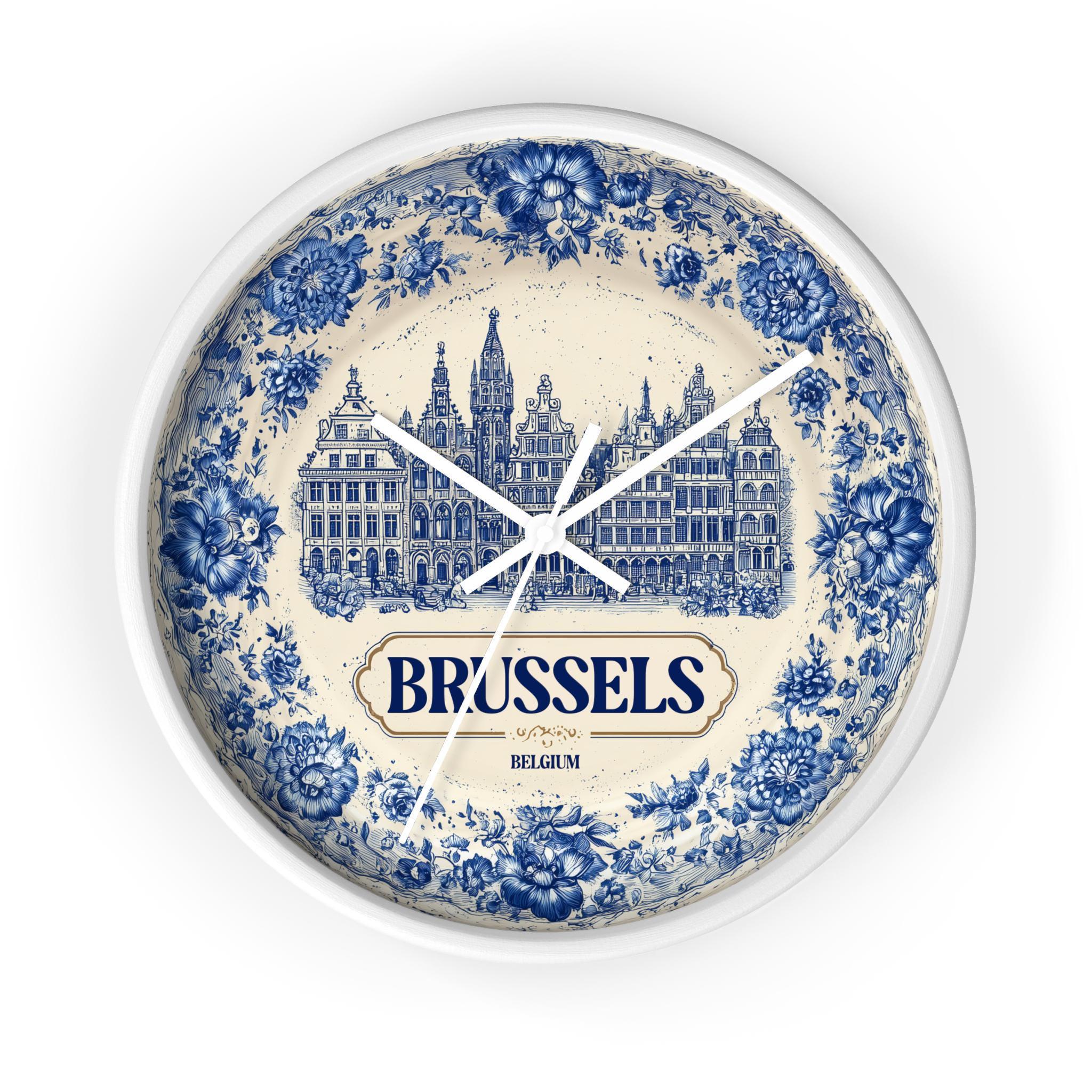 Brussels Belgium Wall Clock, Delf style Home Decor, Vintage City Travel Keepsake Art
