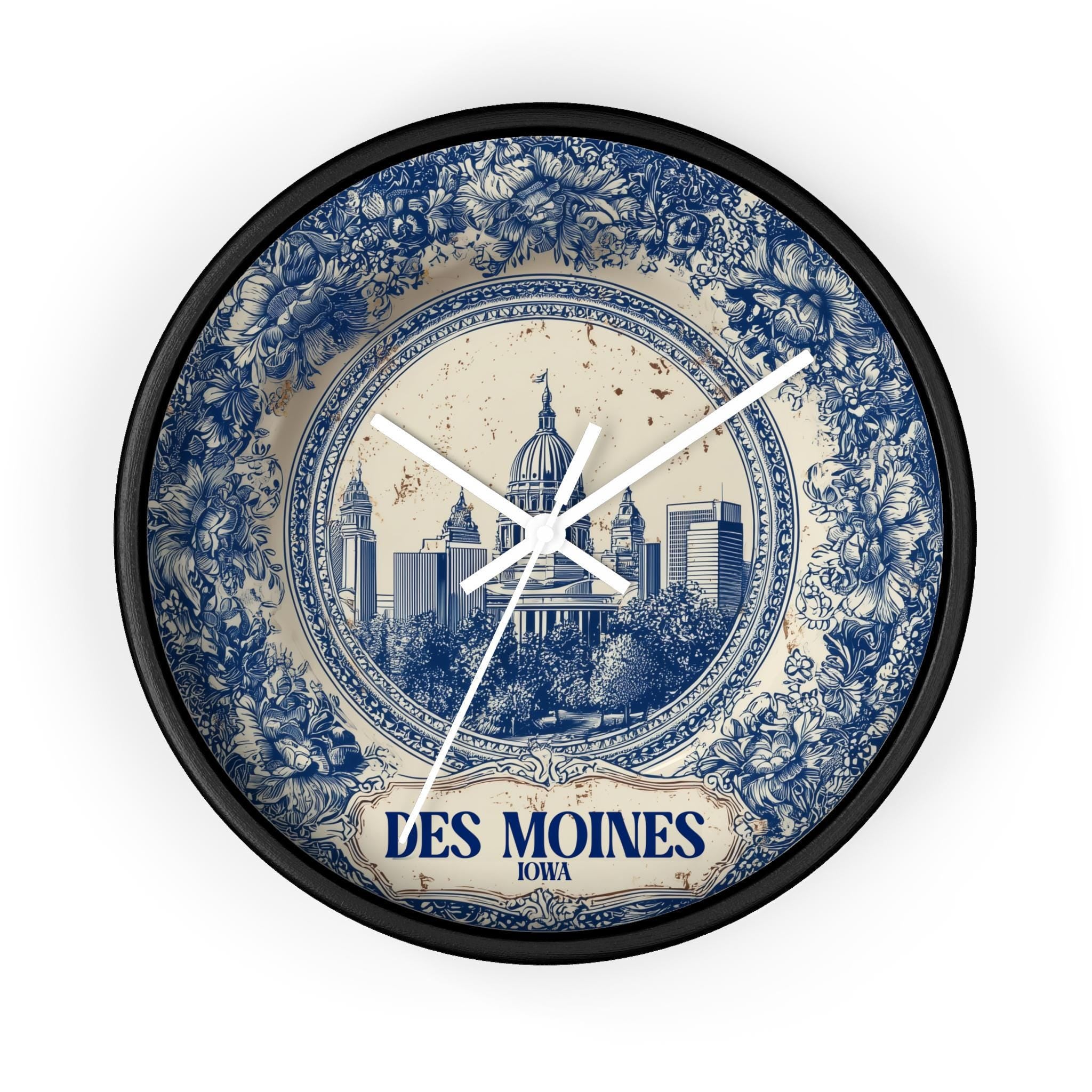 Des Moines Iowa Wall Clock, Delf style Home Decor, Vintage City Travel Keepsake Art
