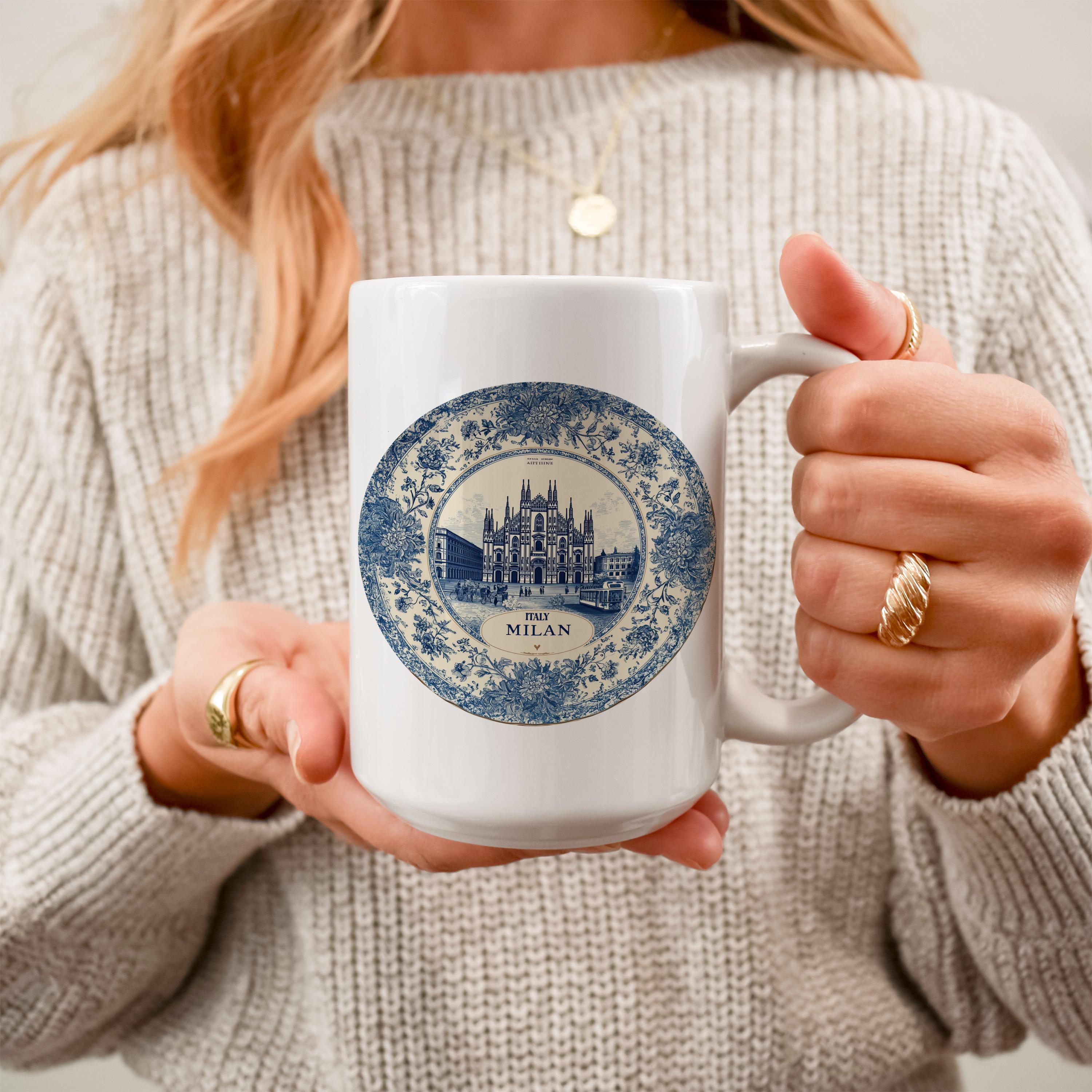 Milan Italy Mug, Custom Delft Style cup, Personalized Vintage Travel City Gift