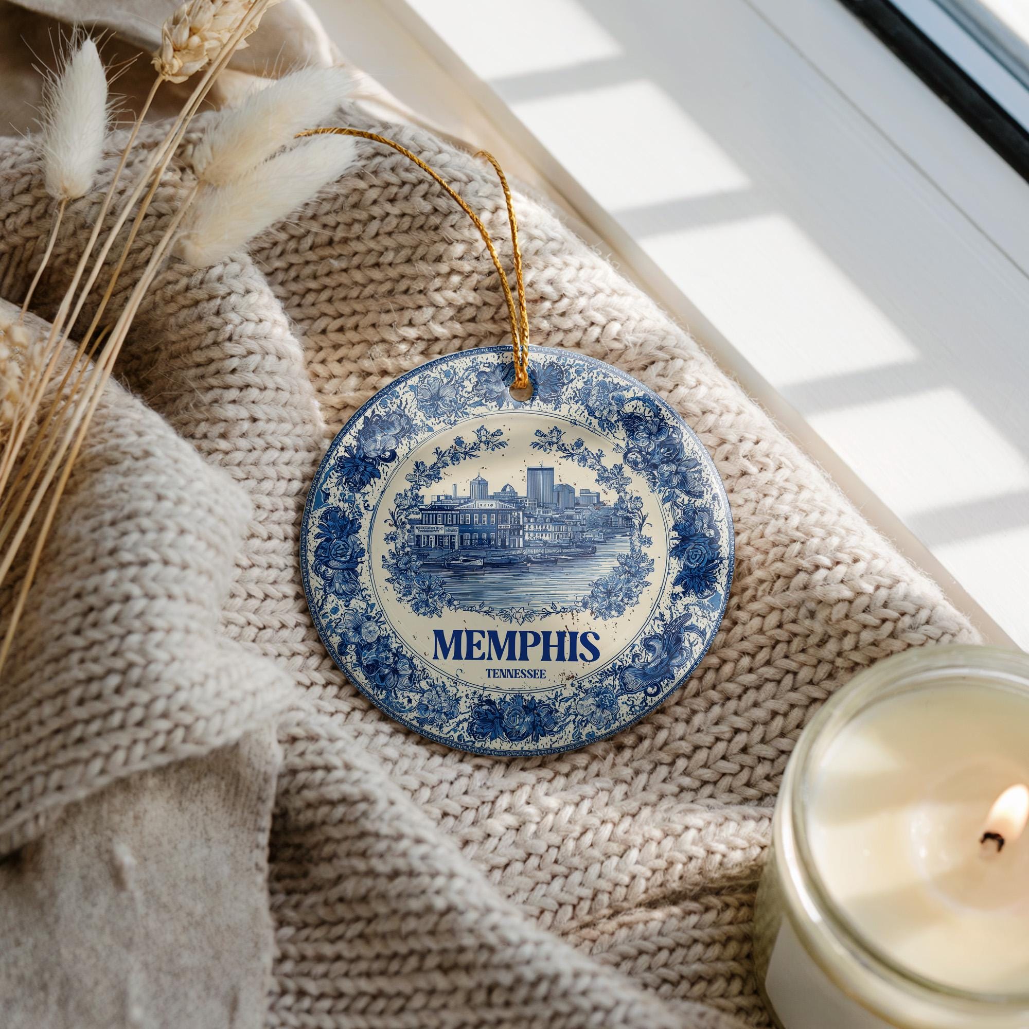 Custom Memphis Tennessee Ceramic Delft Ornament, Christmas Delftware Blue Delftware city travel