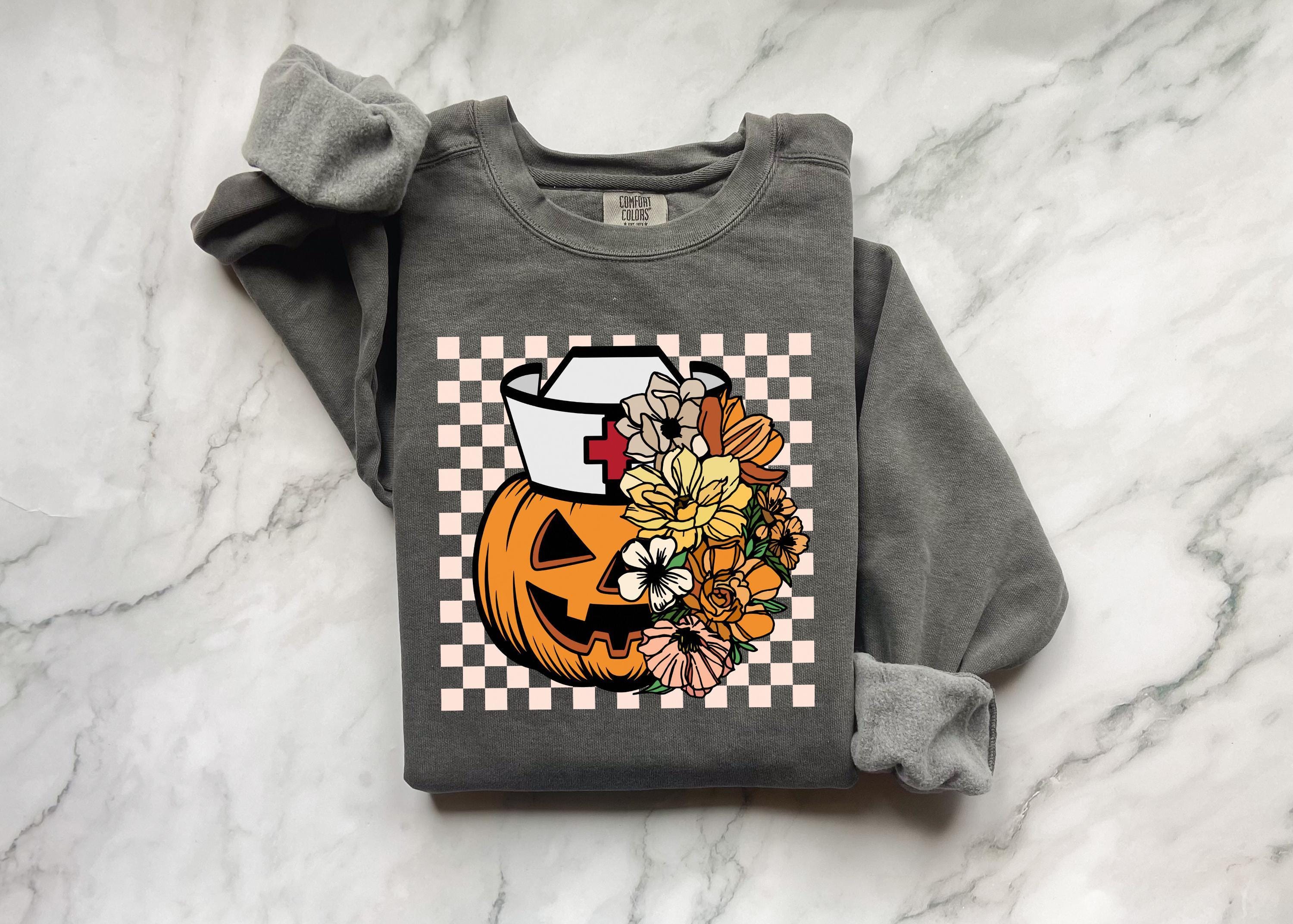 Halloween Nurse  Pumpkin Sweatshirt, Spooky RN Fall Top Cozy Autumn Pullover, Cute Retro Gift for Nurse