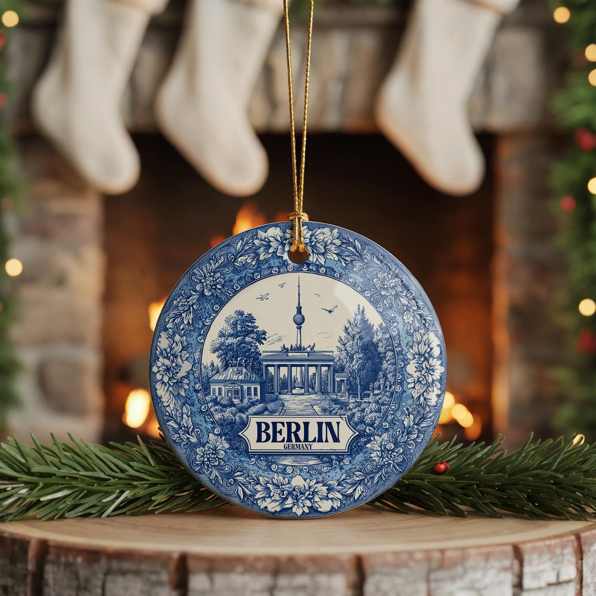 Custom Berlin Germany Ceramic Delft Ornament, Christmas Delftware Blue Delftware city travel