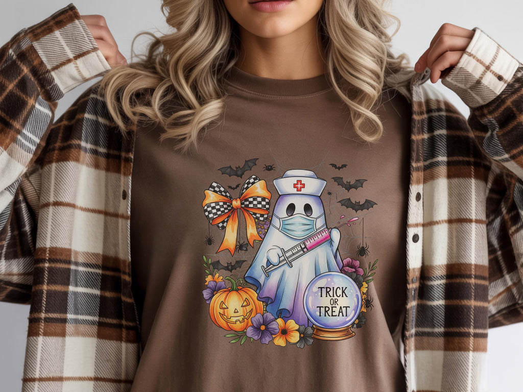Trick or Treat Halloween Nurse Sweatshirt, Spooky Ghost RN shirt with Pumpkin,  Medical Outfit, Cute Fall Apparel, Gift for Nurse