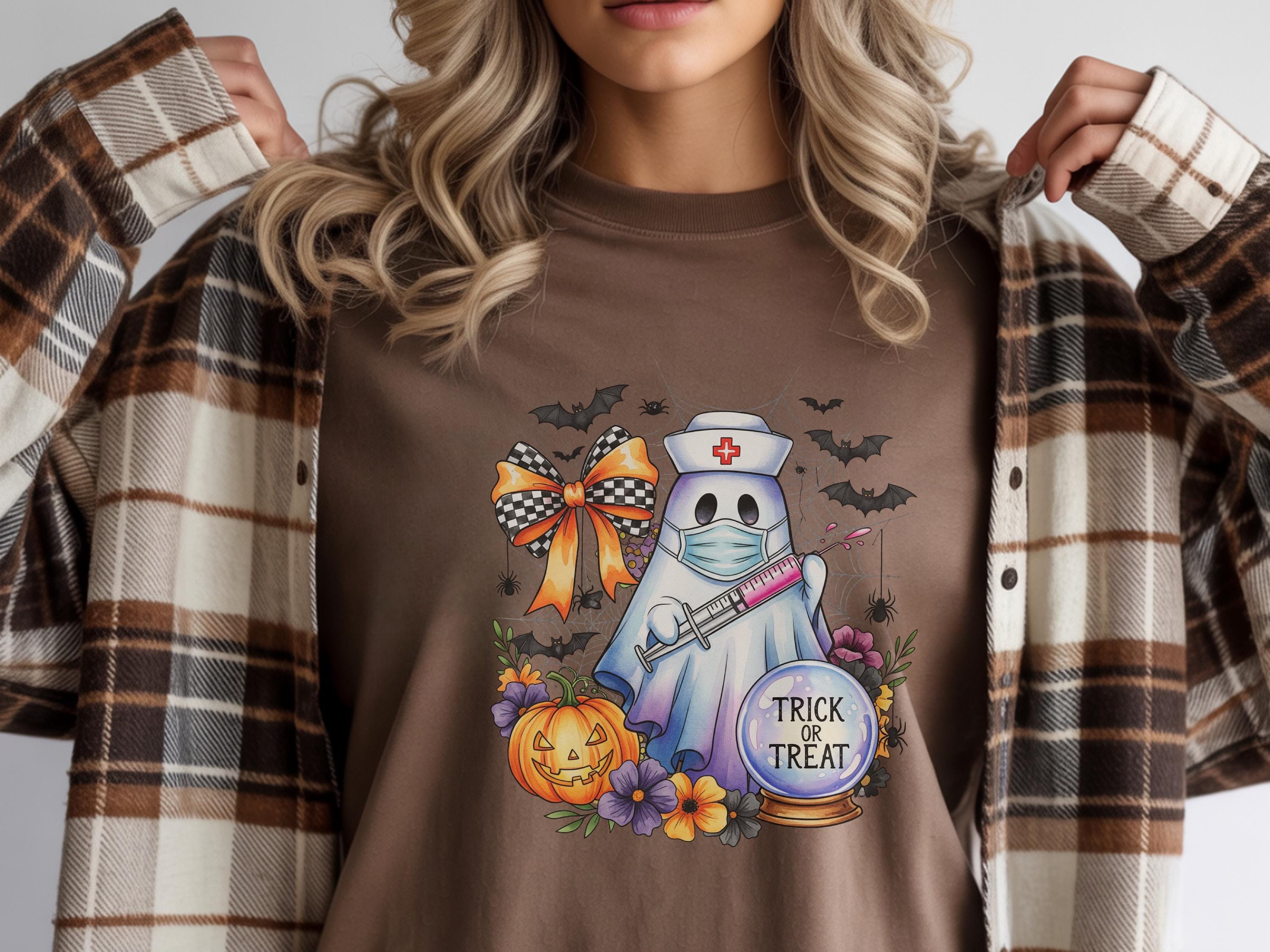 Trick or Treat Halloween Nurse Sweatshirt, Spooky Ghost RN shirt with Pumpkin,  Medical Outfit, Cute Fall Apparel, Gift for Nurse