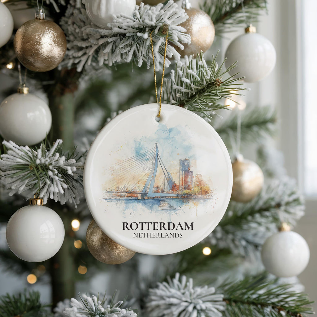 Rotterdam Netherlands Personalized Watercolor Ornament, Custom Ceramic Christmas gift, Travel Keepsake