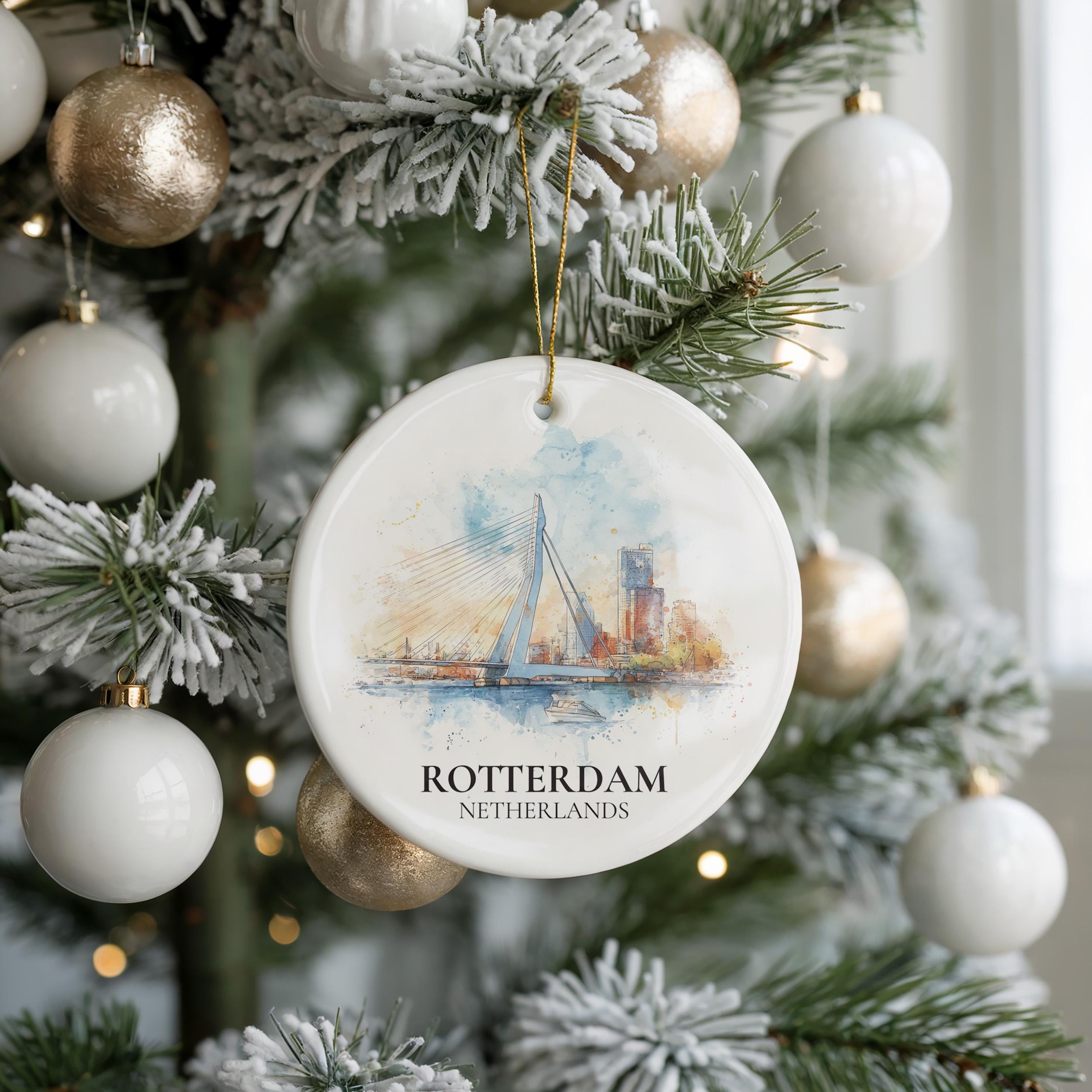 Rotterdam Netherlands Personalized Watercolor Ornament, Custom Ceramic Christmas gift, Travel Keepsake