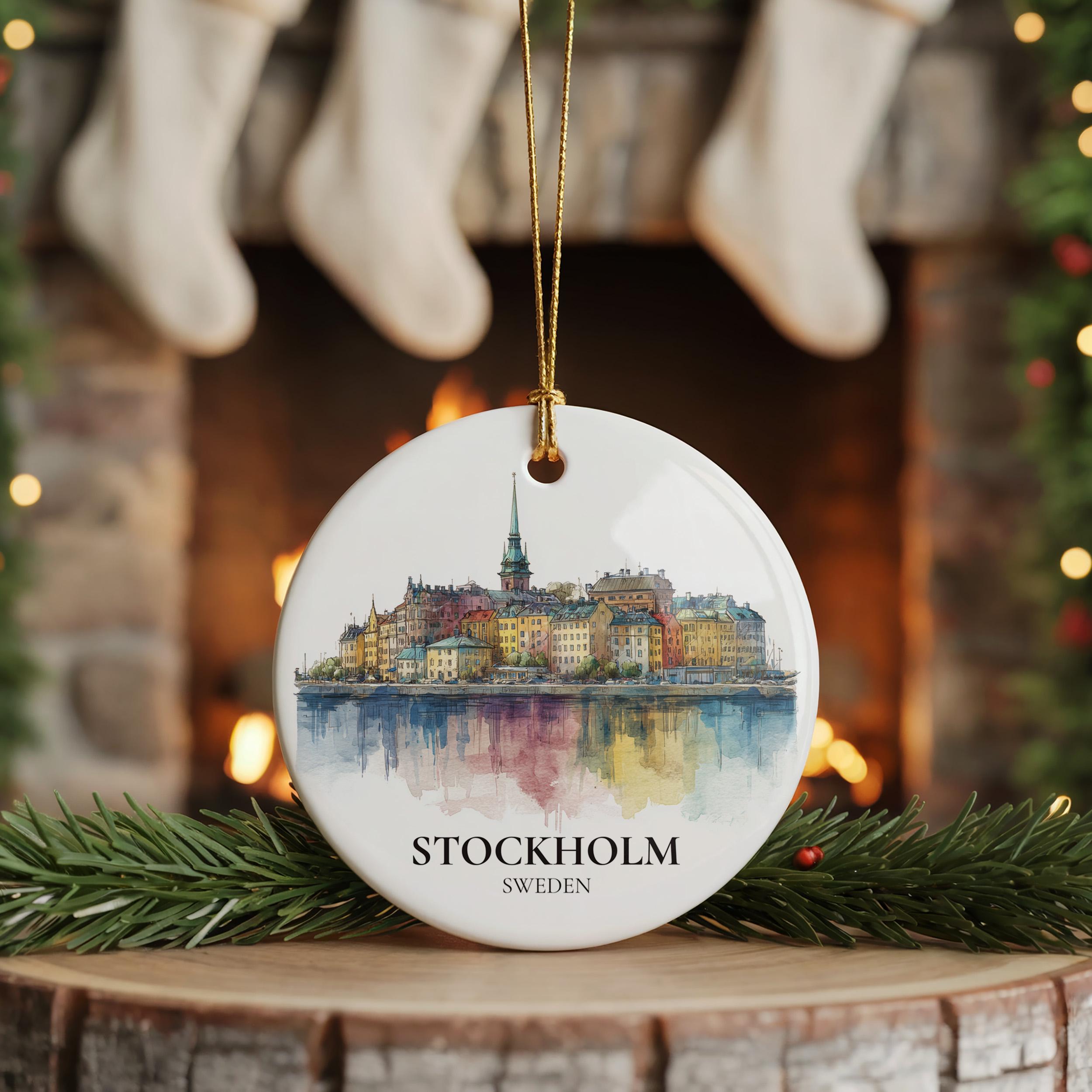 Stockholm Sweden Personalized Watercolor Ornament, Custom Ceramic Christmas gift, Travel Keepsake