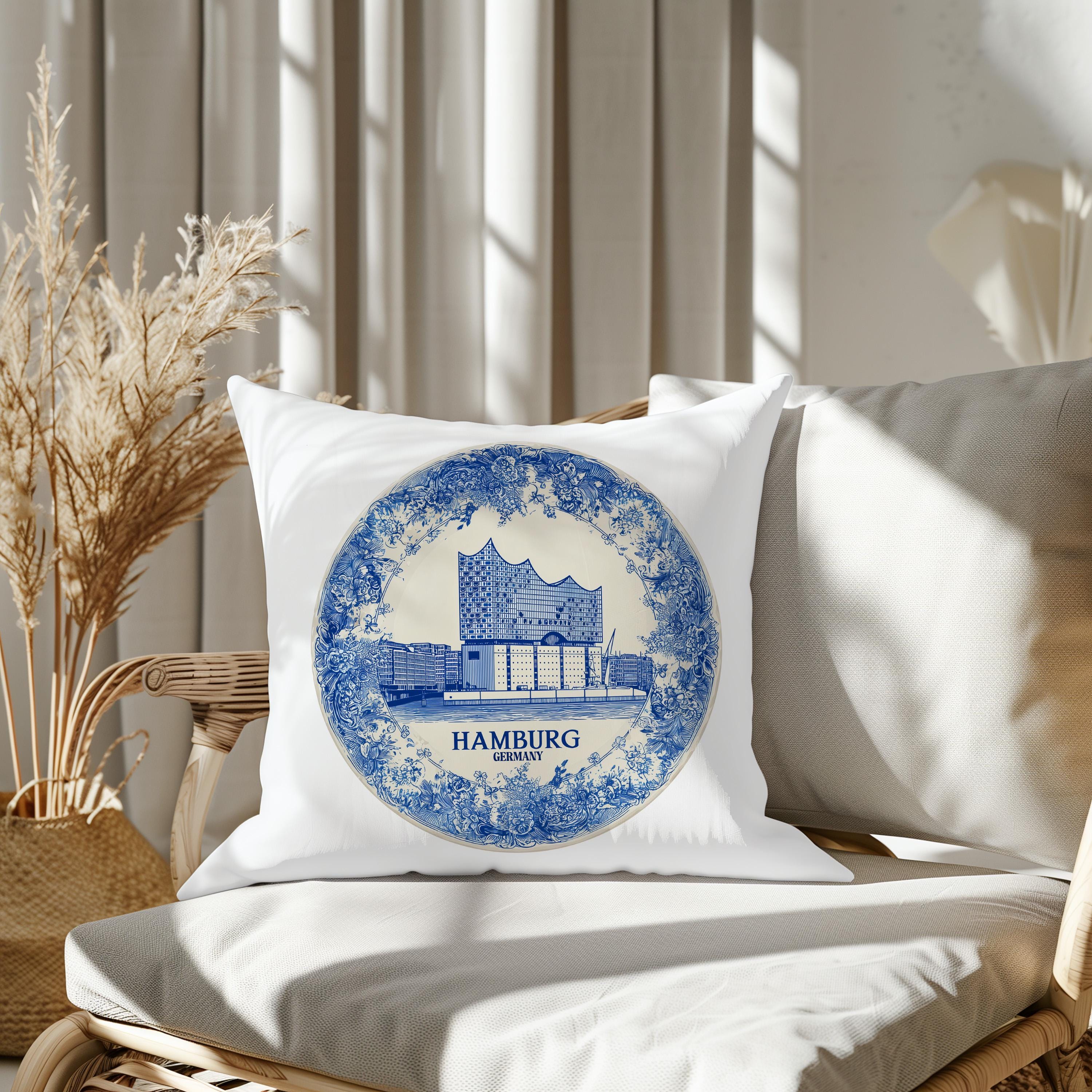 Hamburg Germany Pillowcase, Delft Style Decorative Throw Pillow, Vintage Cityscape Retro Home Decor