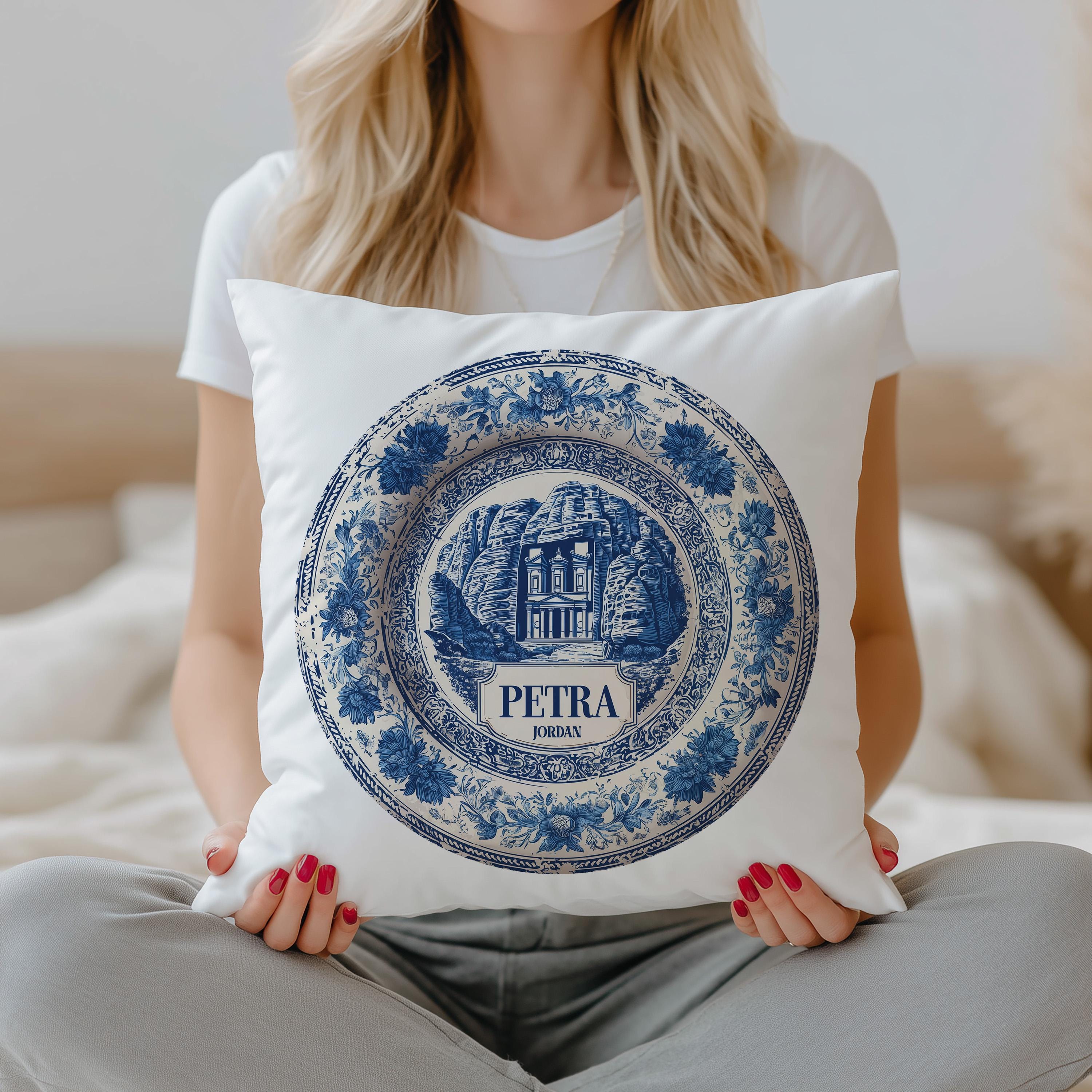 Petra Jordan Pillowcase, Delft Style Decorative Throw Pillow, Vintage Cityscape Retro Home Decor