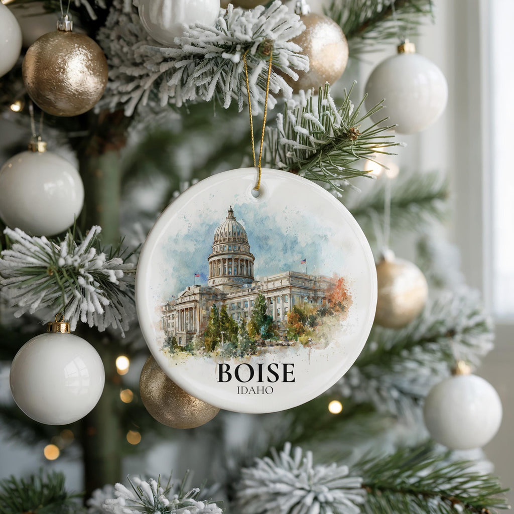 Boise Idaho Personalized Watercolor Ornament, Custom Ceramic Christmas gift, Travel Keepsake