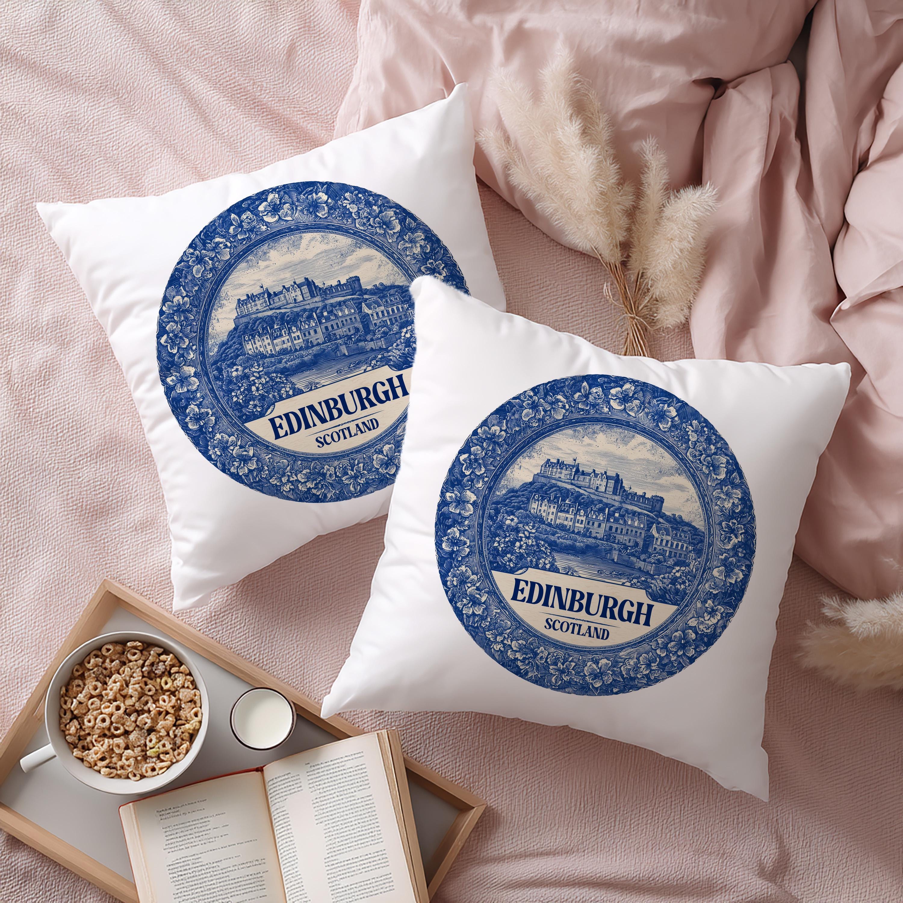 Edinburgh Scotland Pillowcase, Delft Style Decorative Throw Pillow, Vintage Cityscape Retro Home Decor