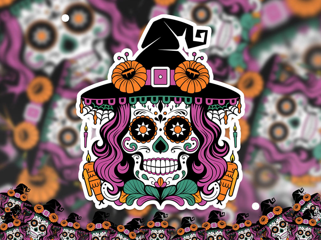 Sugar Skull Witch Sticker, Day of the Dead Halloween Decal, Floral Goth Vinyl