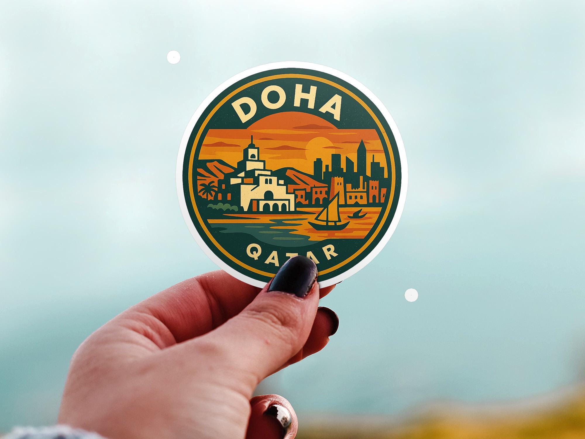 Doha Qatar Sticker Kiss-Cut Vinyl, Waterproof Decal, Retro Travel Lover Collection