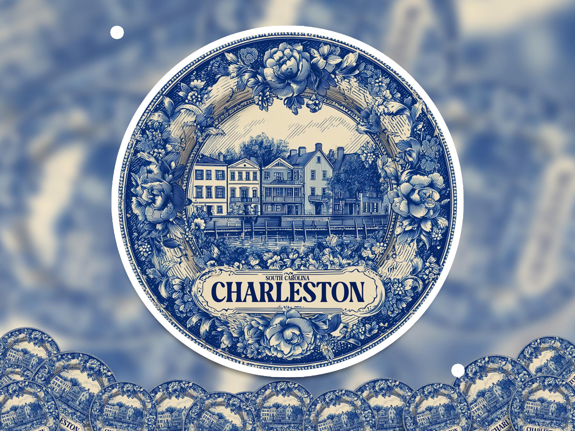 Charleston South Carolina Sticker Vintage Delft style, Delftware Decal Waterproof Vinyl, USA City Travel