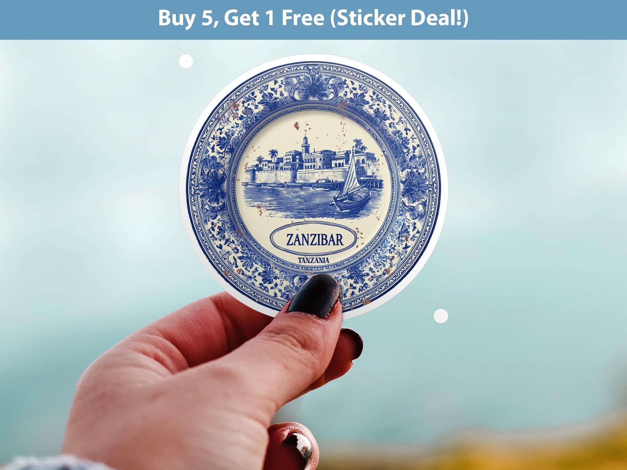 Zanzibar Tanzania Sticker Vintage Delft style, Delftware Decal Waterproof Vinyl, Blue City Travel