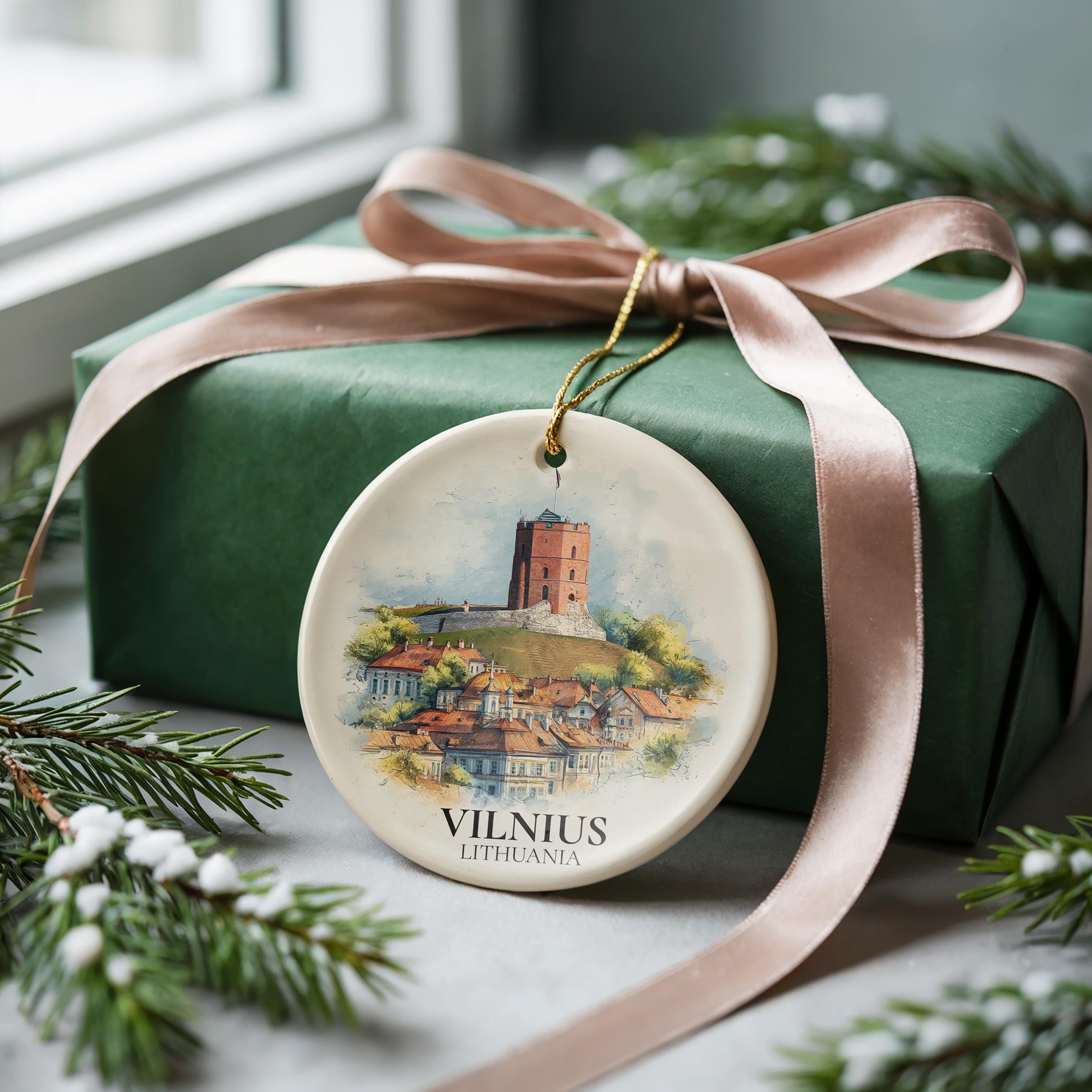 Vilnius Lithuania Personalized Watercolor Ornament, Custom Ceramic Christmas gift, Travel Keepsake