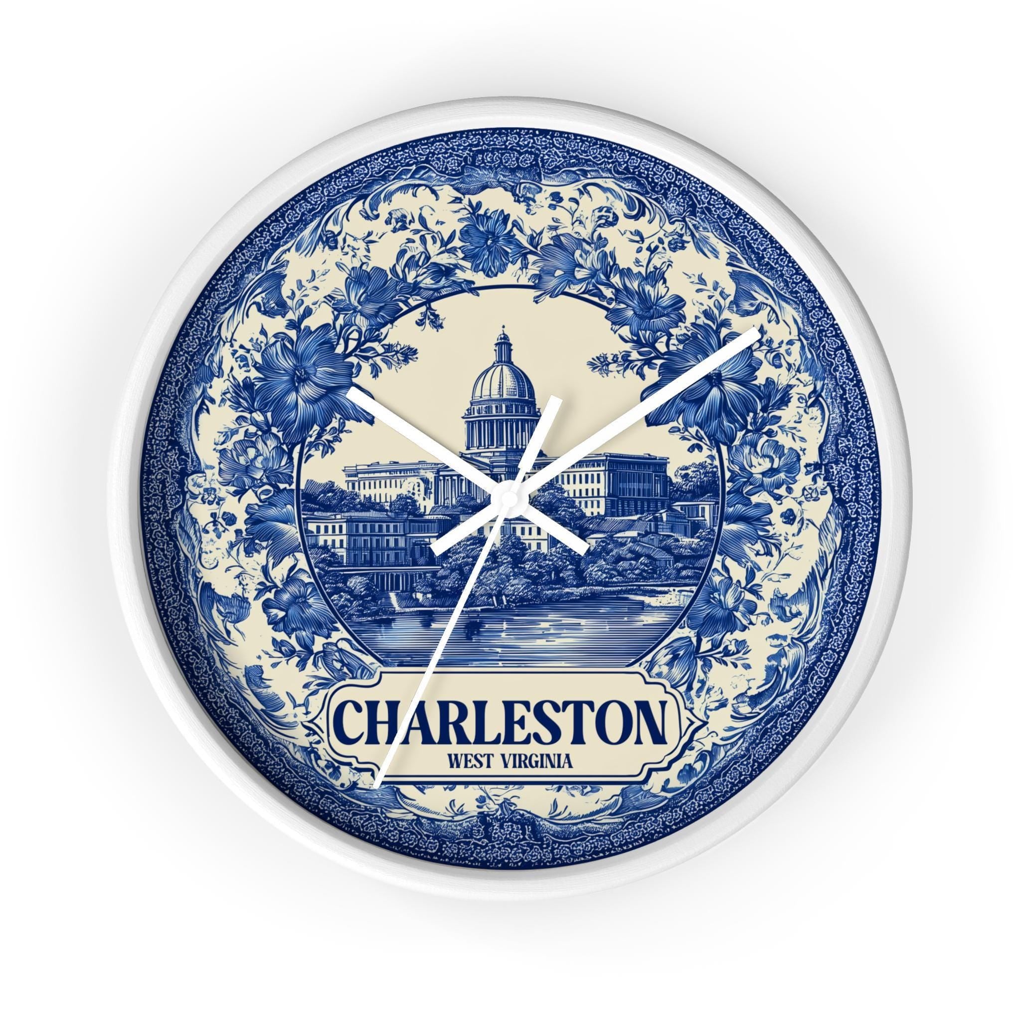 Charleston West Virginia Wall Clock, Delf style Home Decor, Vintage City Travel Keepsake Art