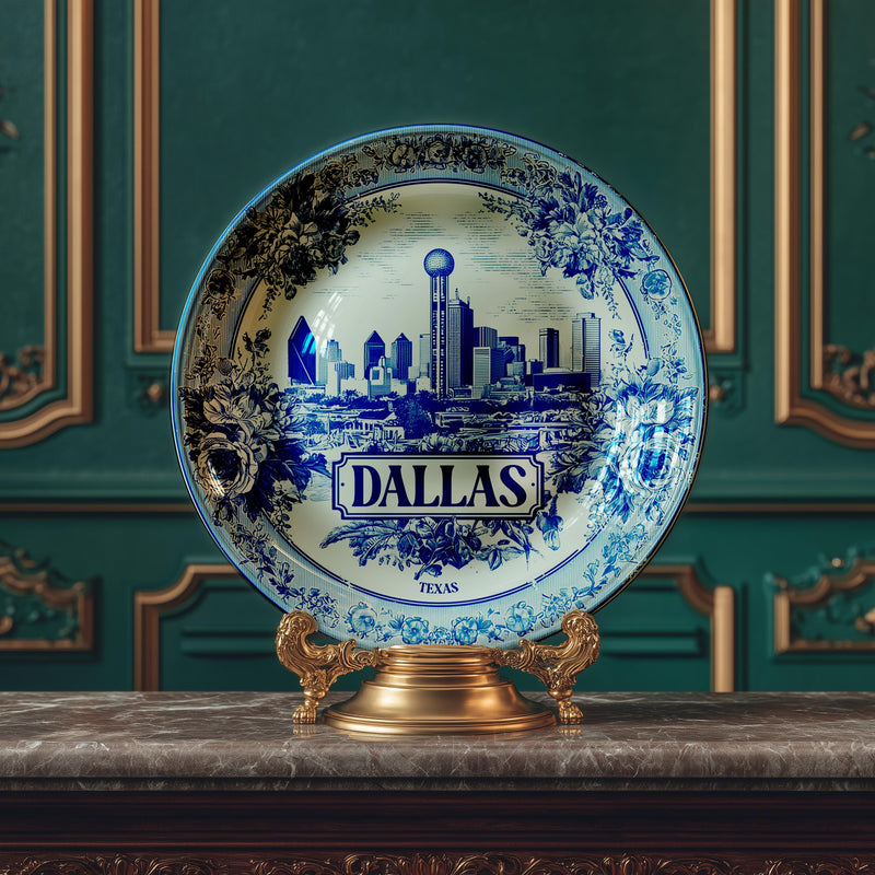 Dallas Texas Decorative Plate, Delft Vintage Home Decor Personalized Gift Travel Housewarming