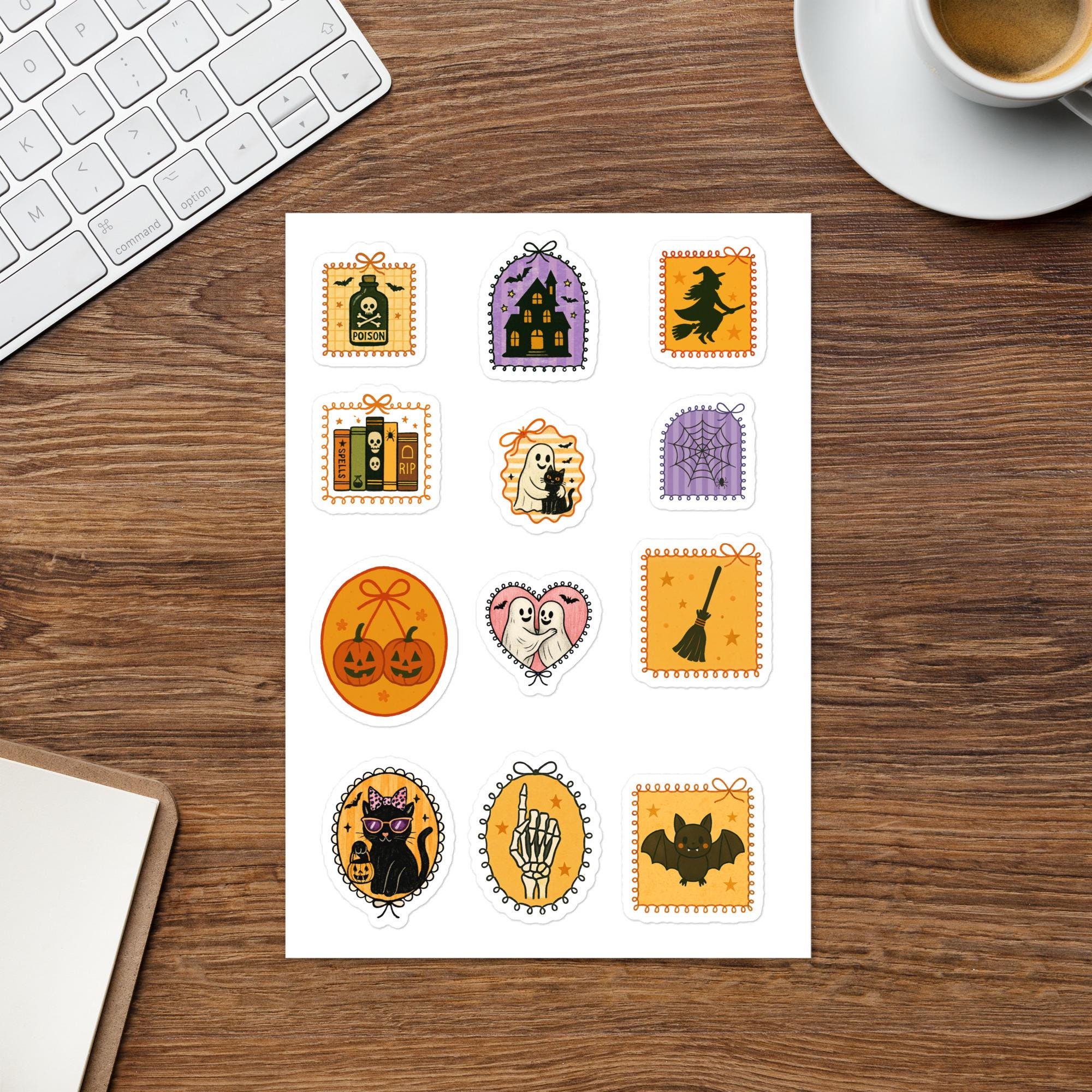 Vintage Halloween Sticker sheet, Spooky Retro ghost Witch Decal