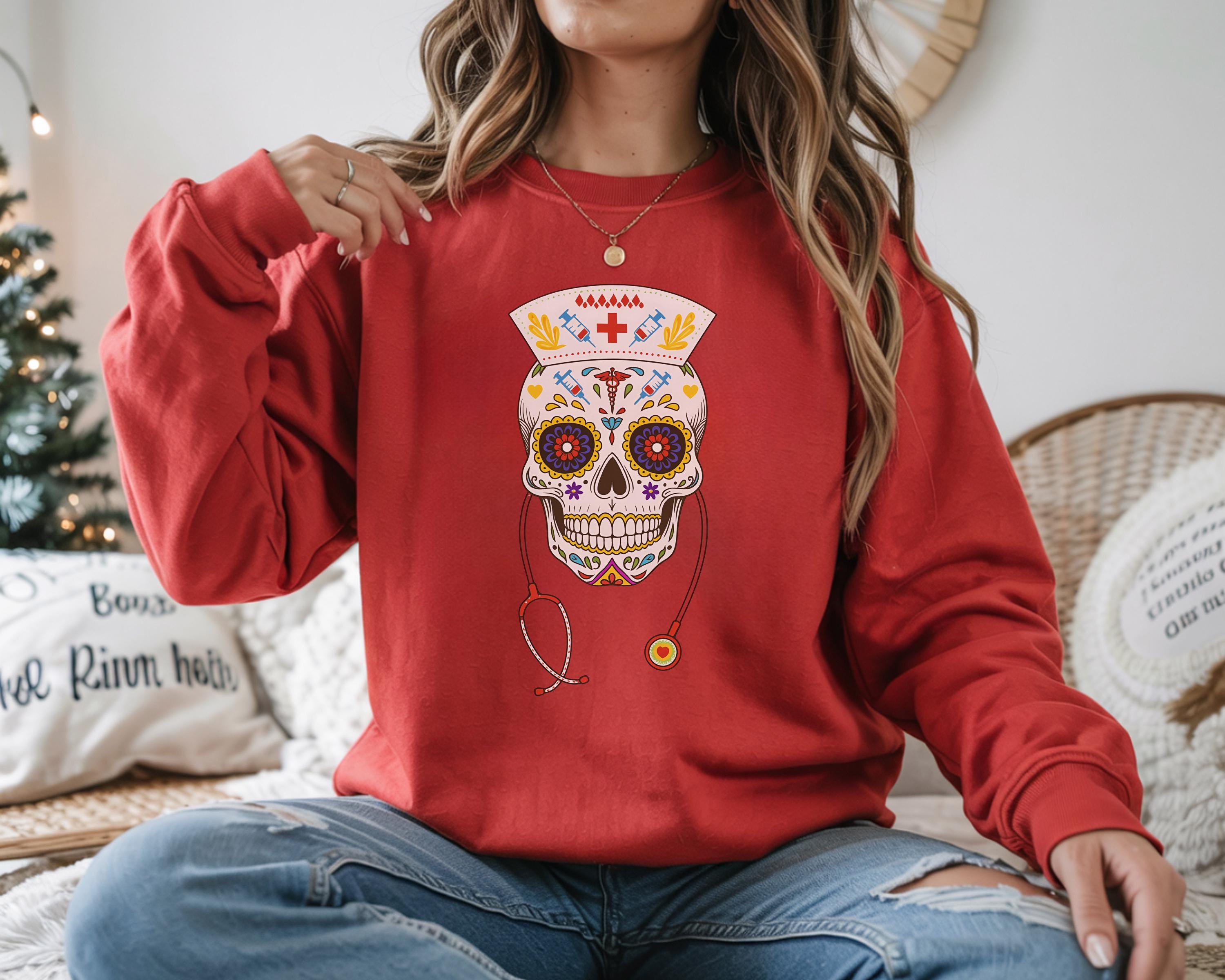 Skull Nurse Sweatshirt, Halloween Sweater, Day of the Dead Nurse, Spooky Nurse Outfit, Nurse Appreciation Gift, Medical Halloween Crewn