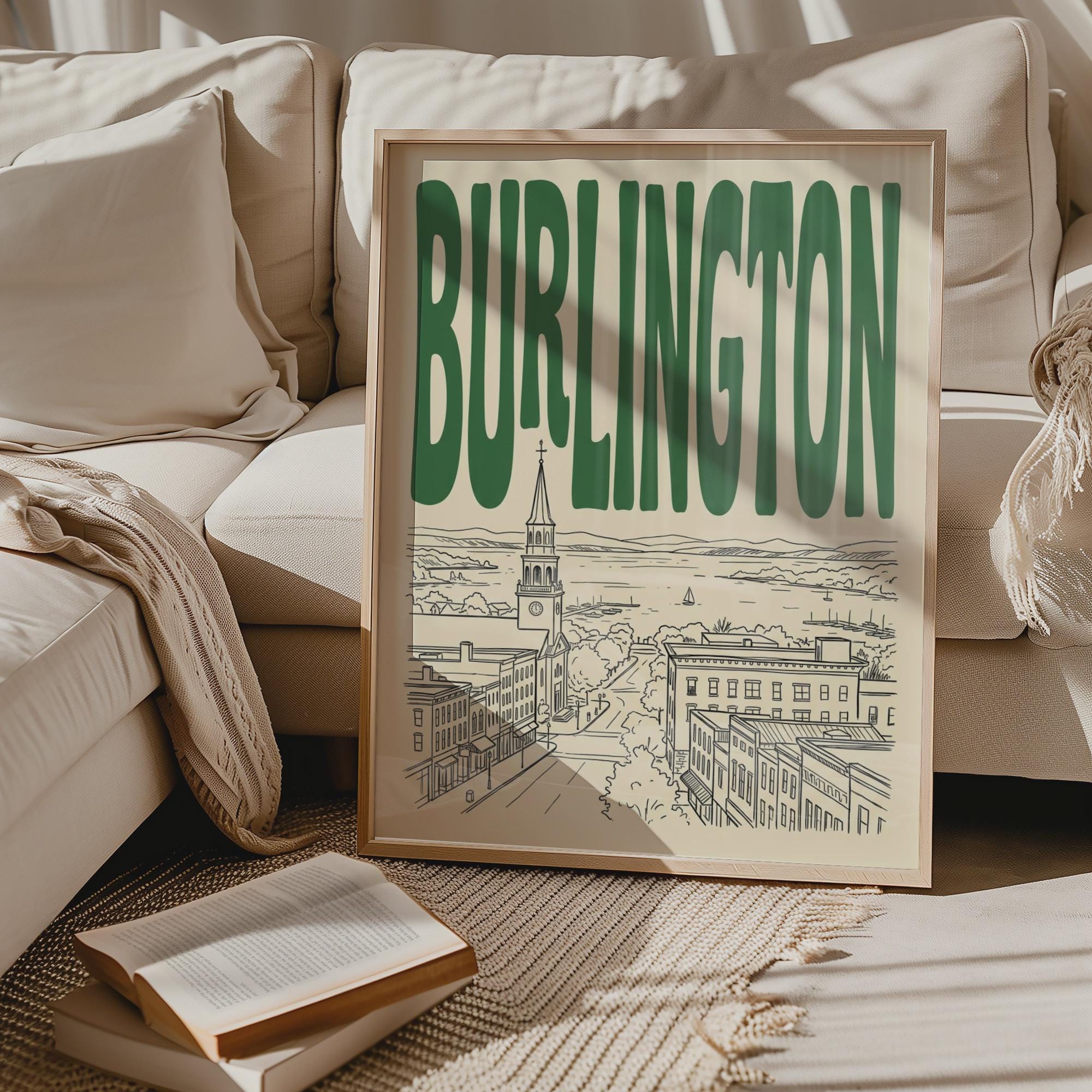 Burlington Vermont Skyline Wall Art, Framed Canvas Print, Retro Travel Decor