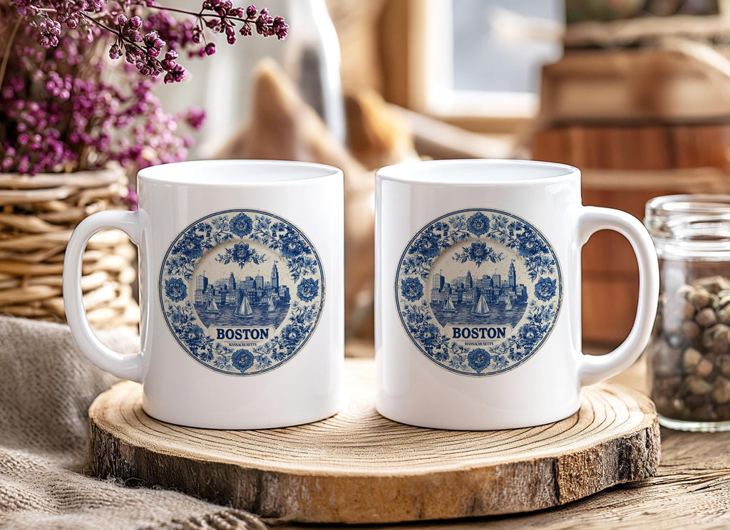 Boston Massachusetts Mug, Custom Delft Style cup, Personalized Vintage Travel City Gift
