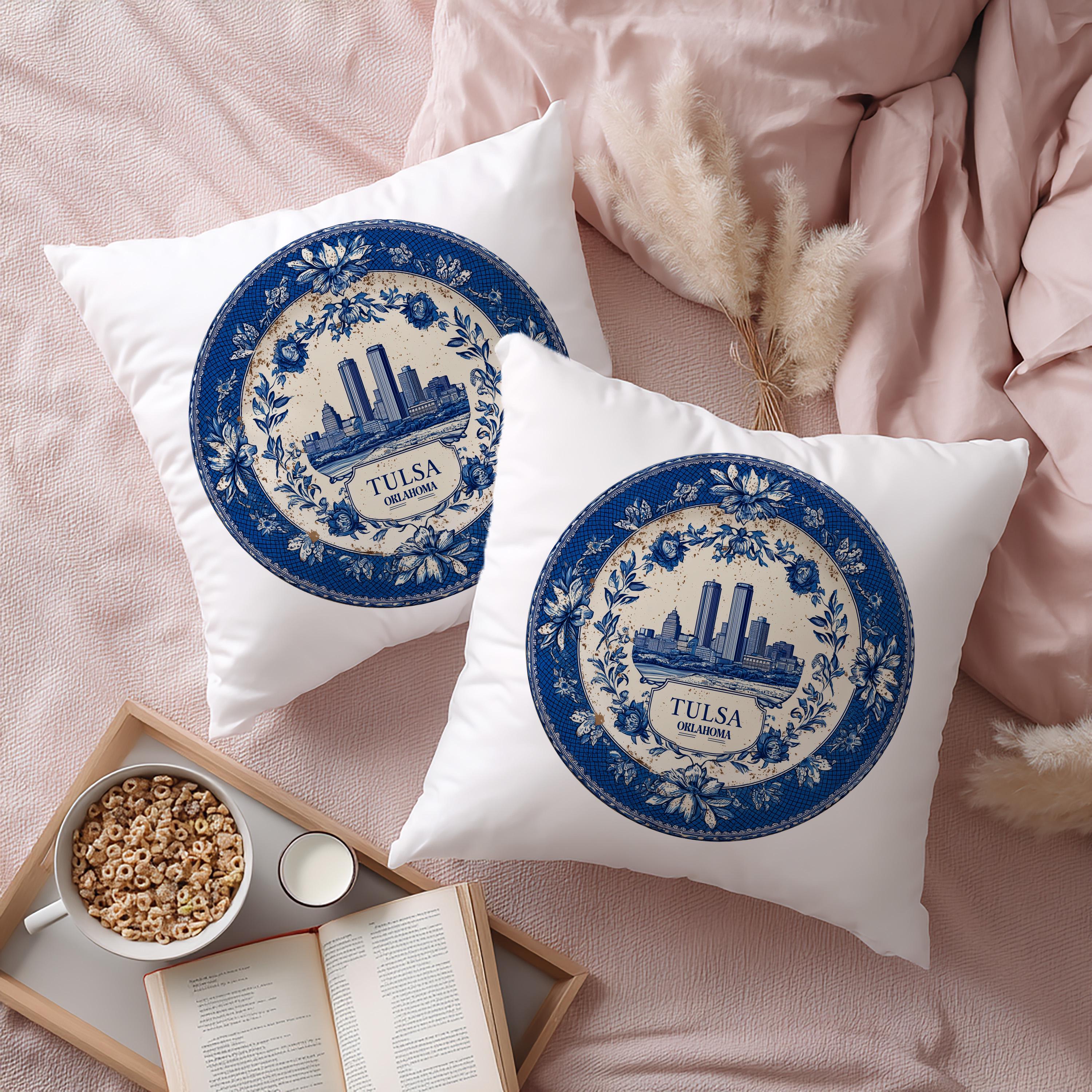 Tulsa Oklahoma Pillowcase, Delft Style Decorative Throw Pillow, Vintage Cityscape Retro Home Decor