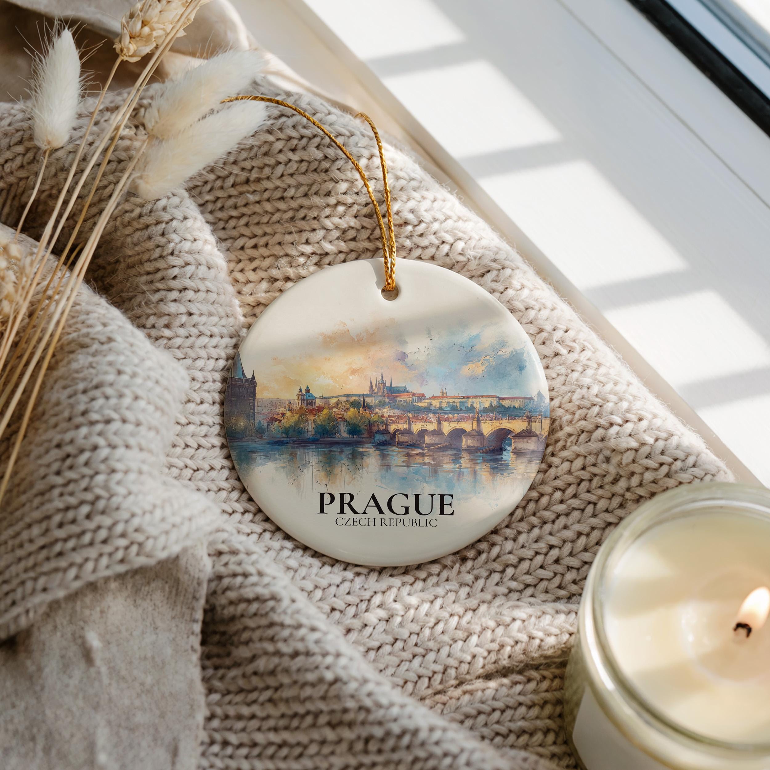 Prague Czech Republic Custom Watercolor Ornament, Personalized Ceramic Christmas gift, Travel Keepsake