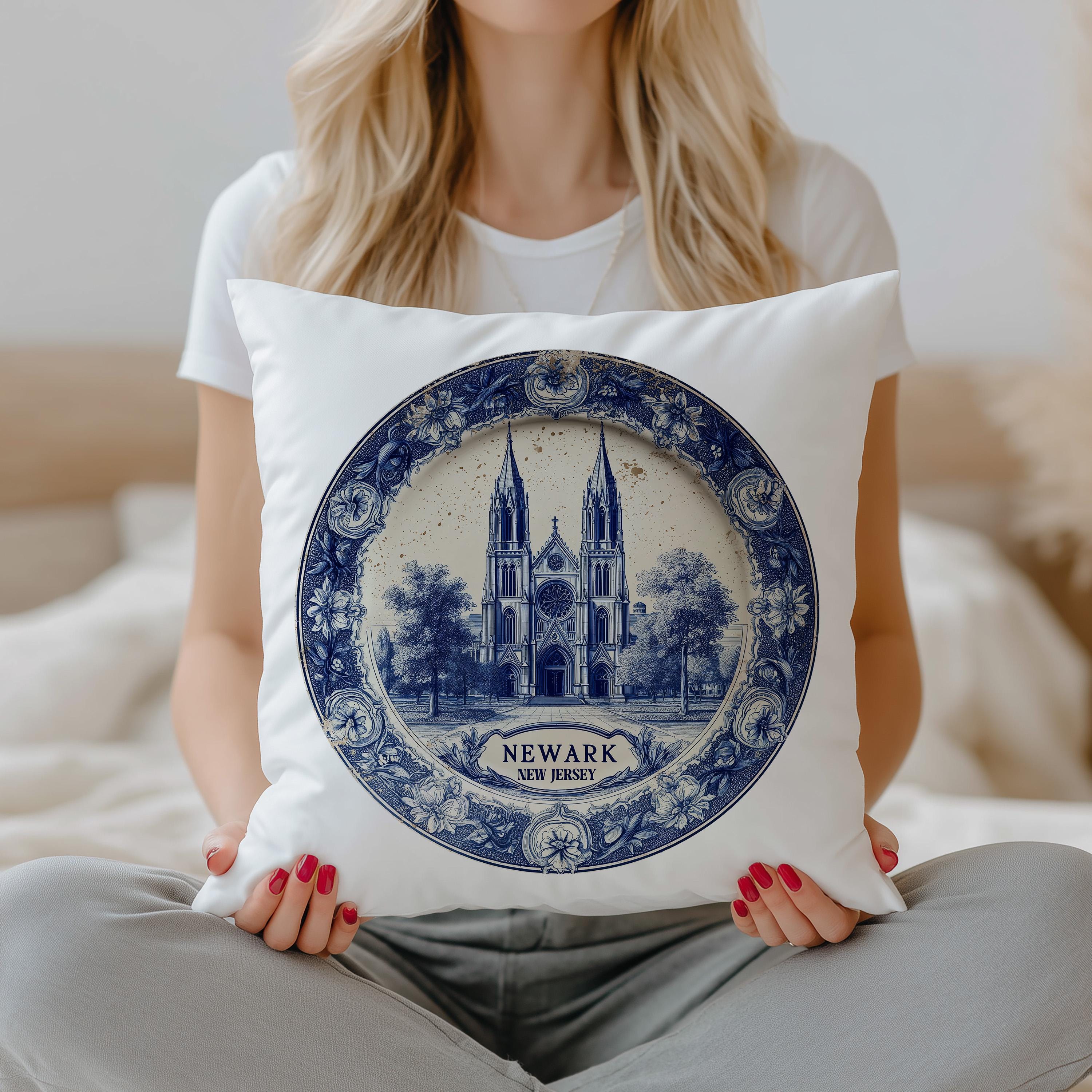 Newark New Jersey Pillowcase, Delft Style Decorative Throw Pillow, Vintage Cityscape Retro Home Decor