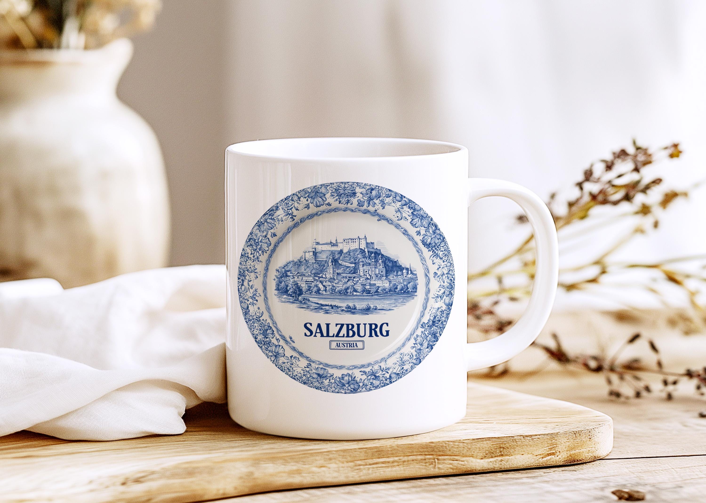 Salzburg Austria Mug, Custom Delft Style cup, Personalized Vintage Travel City Gift