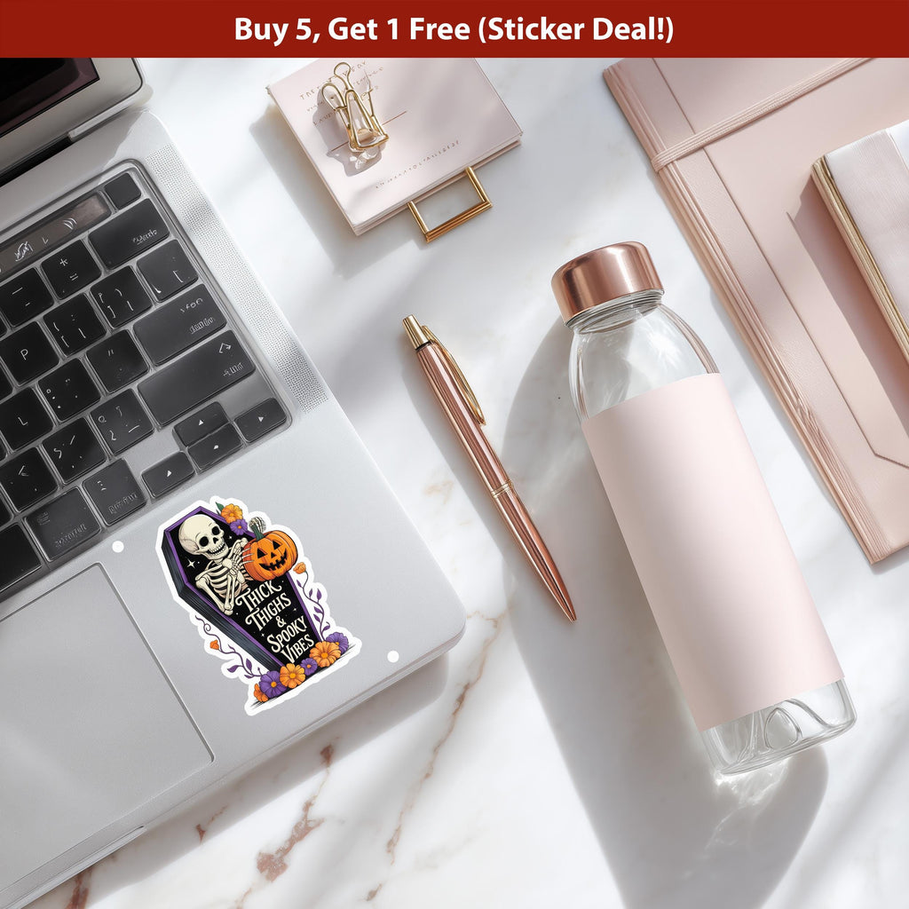 Thick Thighs & Spooky Vibes Sticker, Halloween Spooky Kiss-Cut Vinyl, Skeleton Waterproof Decal