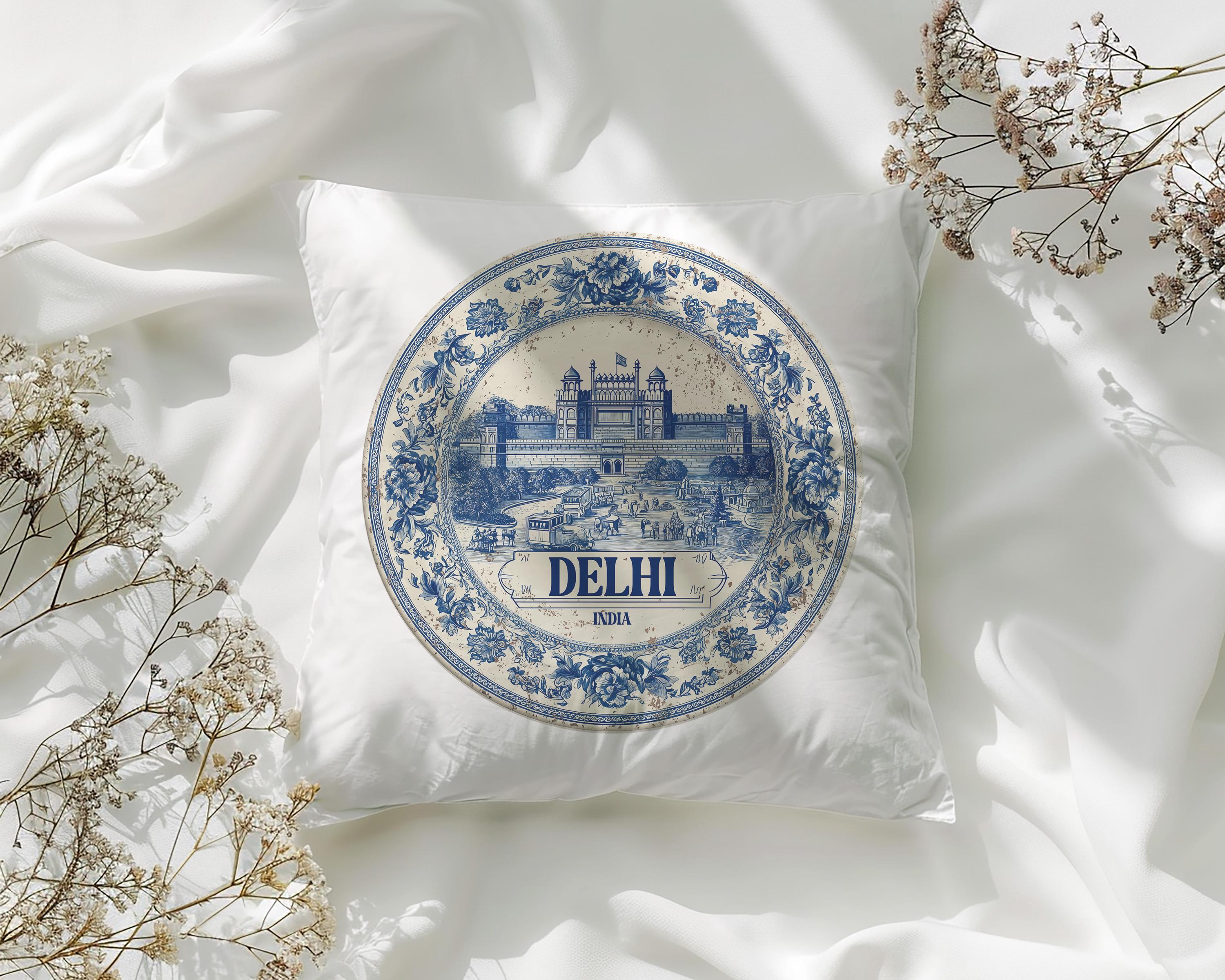 Delhi India Pillowcase, Delft Style Decorative Throw Pillow, Vintage Cityscape Retro Home Decor