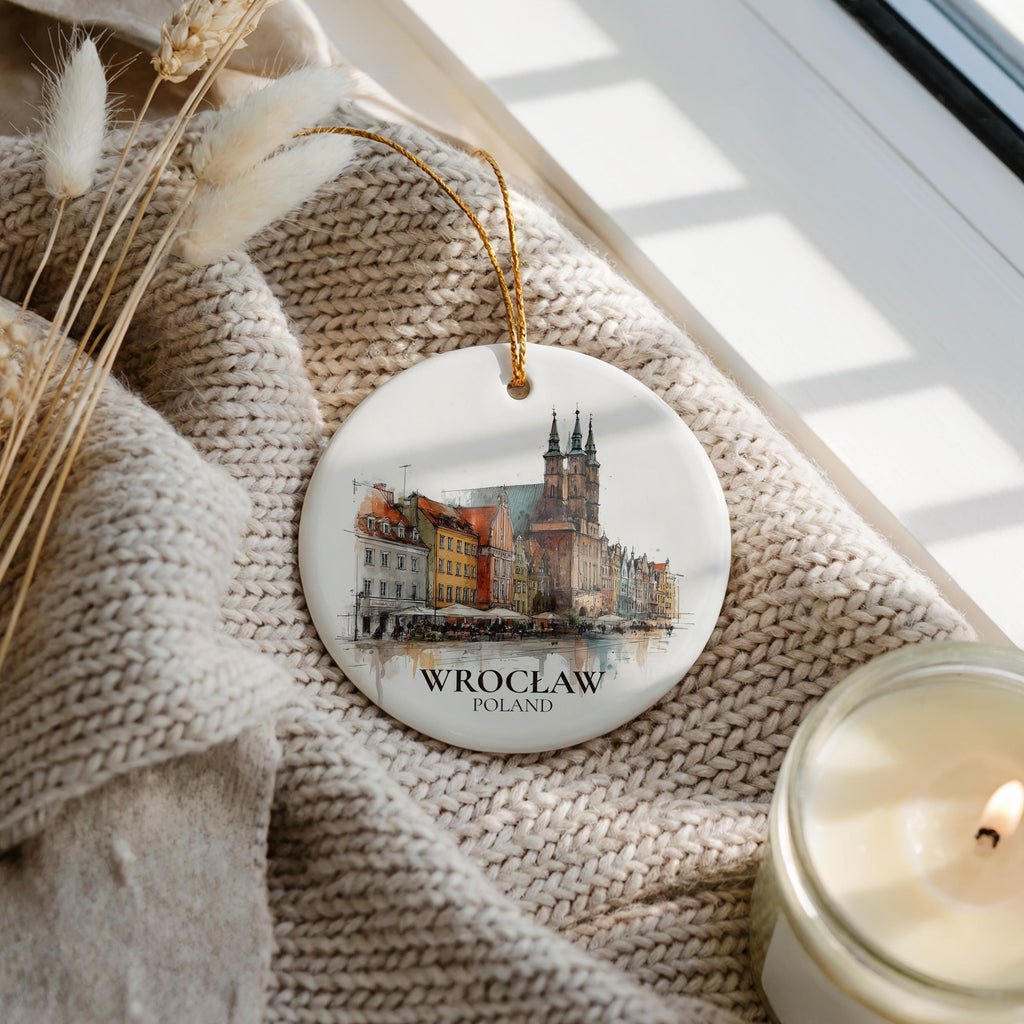 Wroclaw Poland Personalized Watercolor Ornament, Custom Ceramic Christmas gift, Travel Keepsake