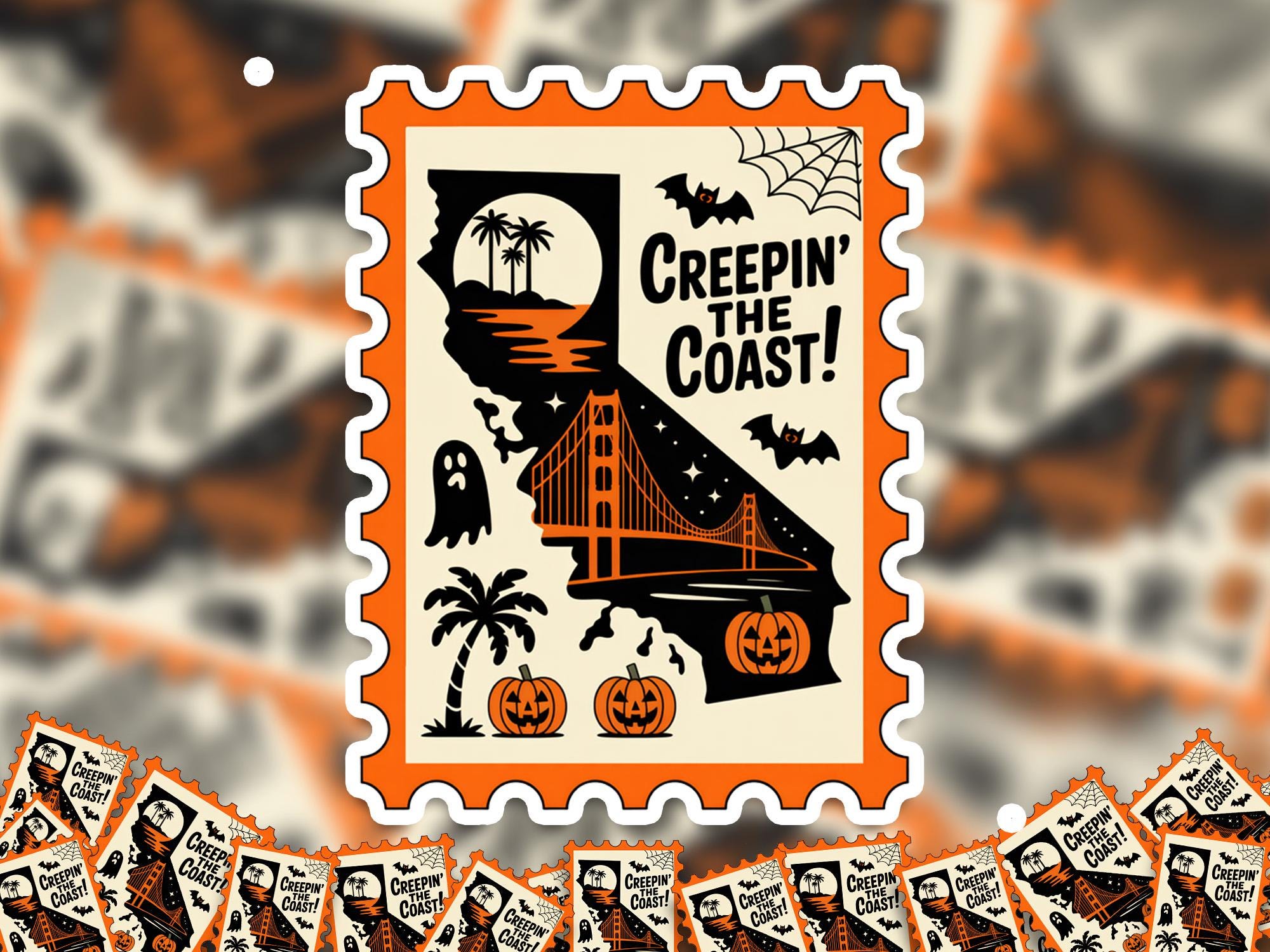 California Stamp Halloween Sticker, Spooky USA Kiss-Cut Vinyl, Waterproof Decal, United States Travel