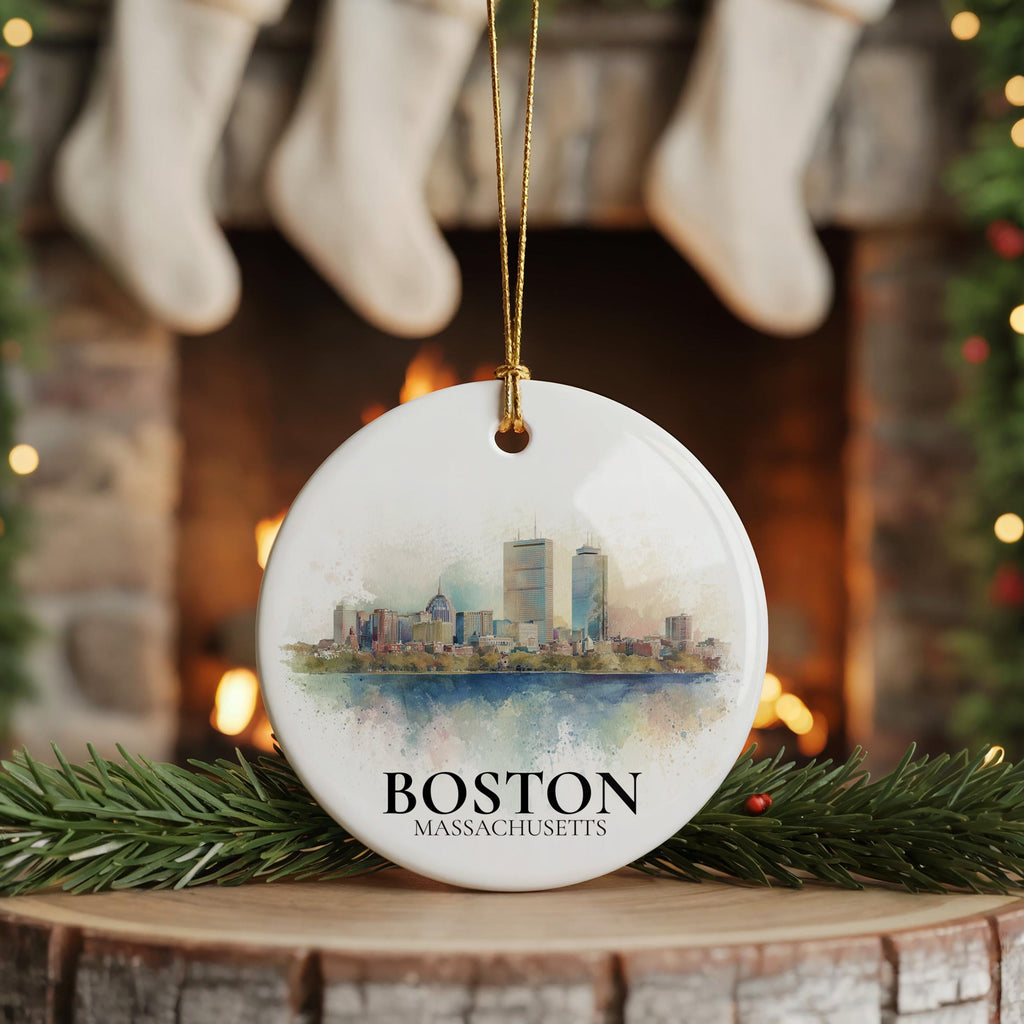 Boston Massachusetts Personalized Watercolor Ornament, Custom Ceramic Christmas gift, Travel Keepsake