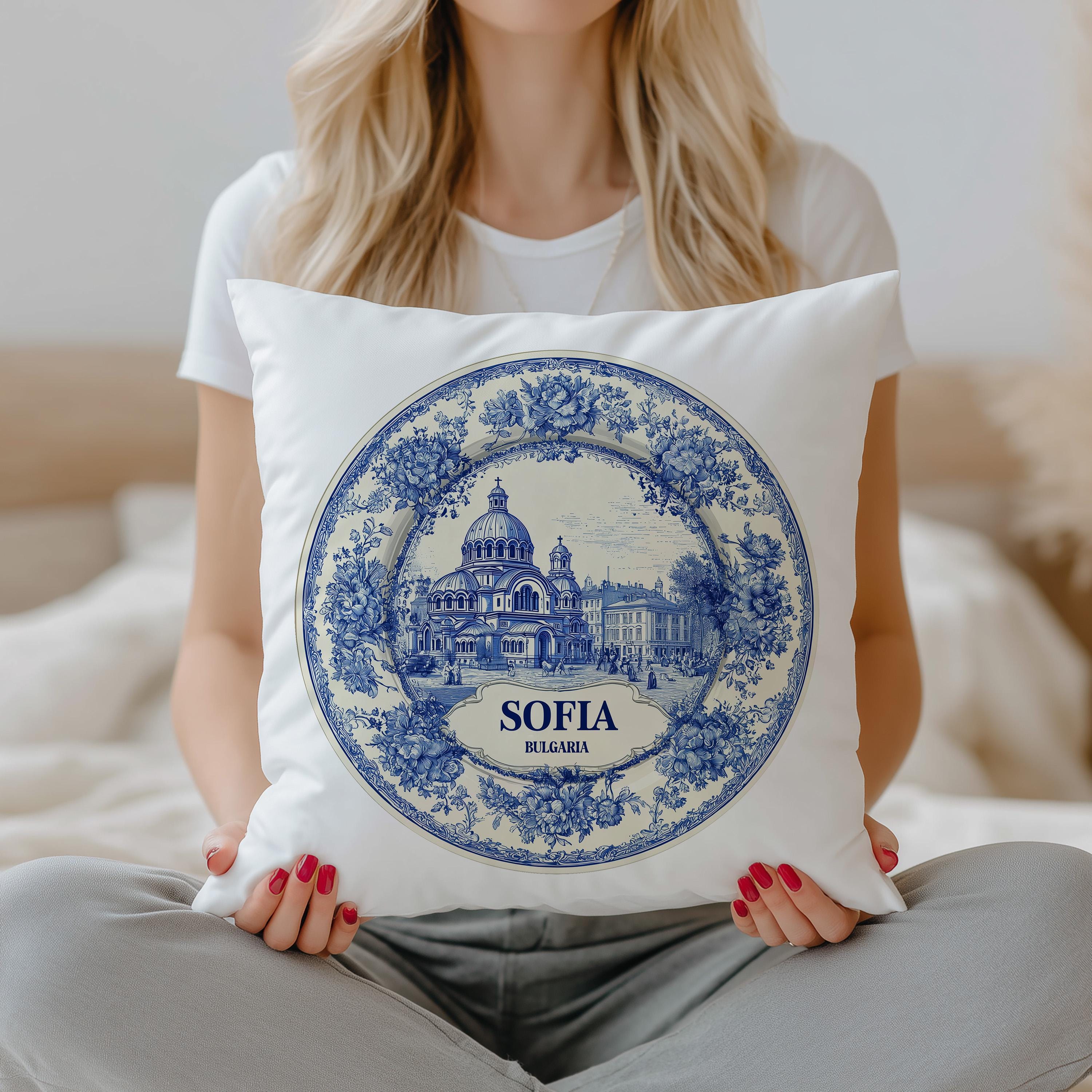 Sofia Bulgaria Pillowcase, Delft Style Decorative Throw Pillow, Vintage Cityscape Retro Home Decor