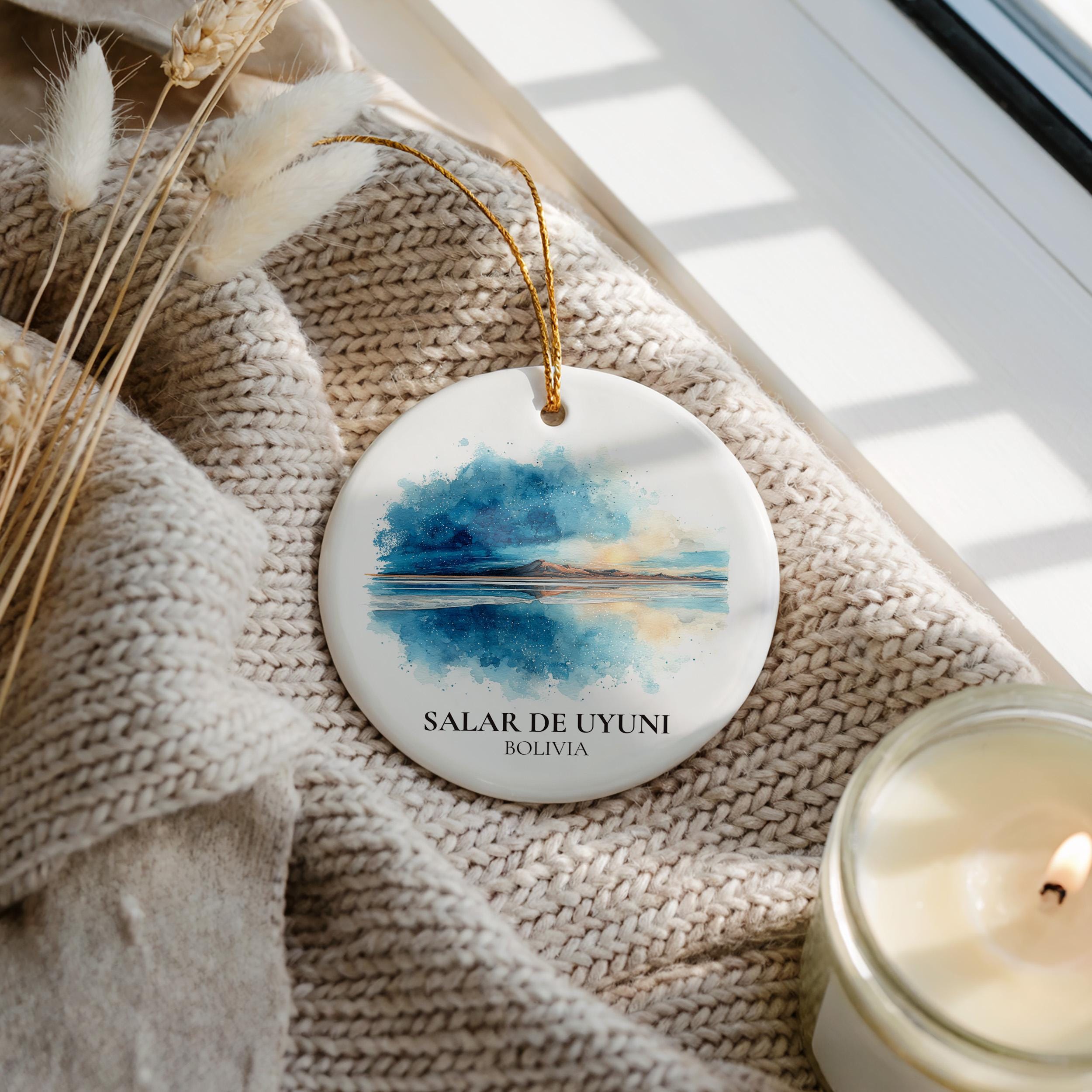 Salar de Uyuni Bolivia Personalized Watercolor Ornament, Custom Ceramic Christmas gift, Travel Keepsake