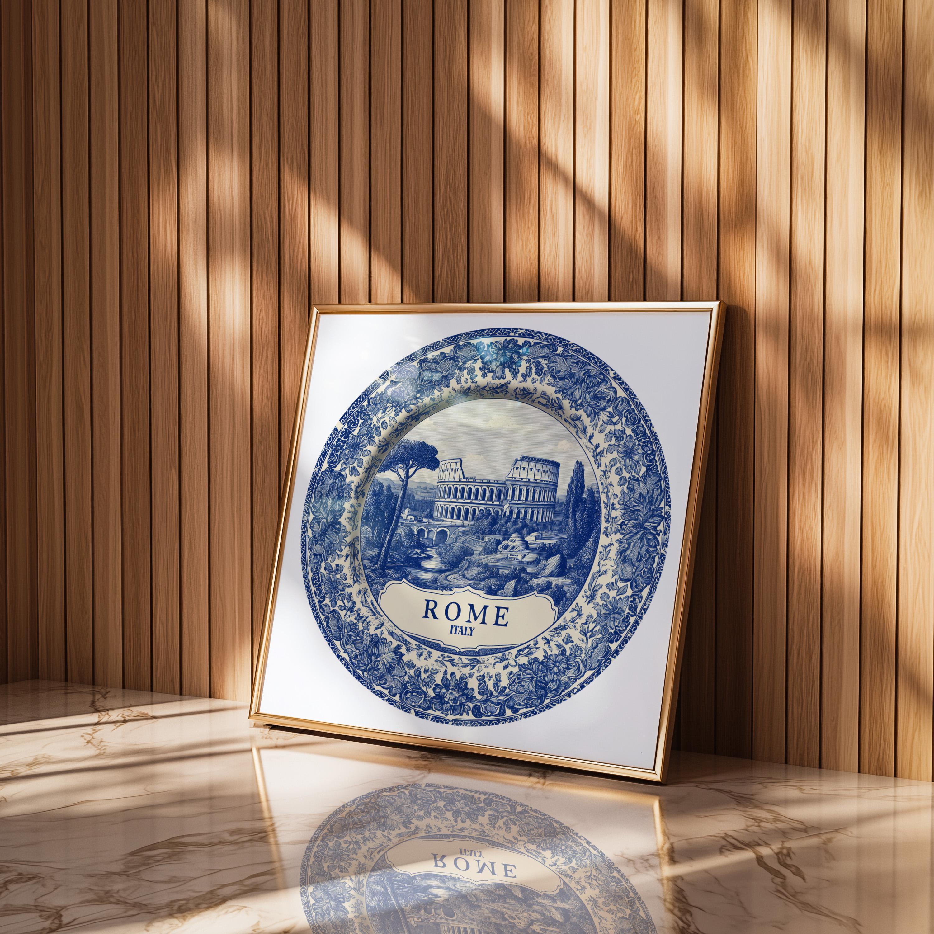 Rome Italy Wall Art, Vintage Delft Blue Poster, City Print, Travel Home Decor