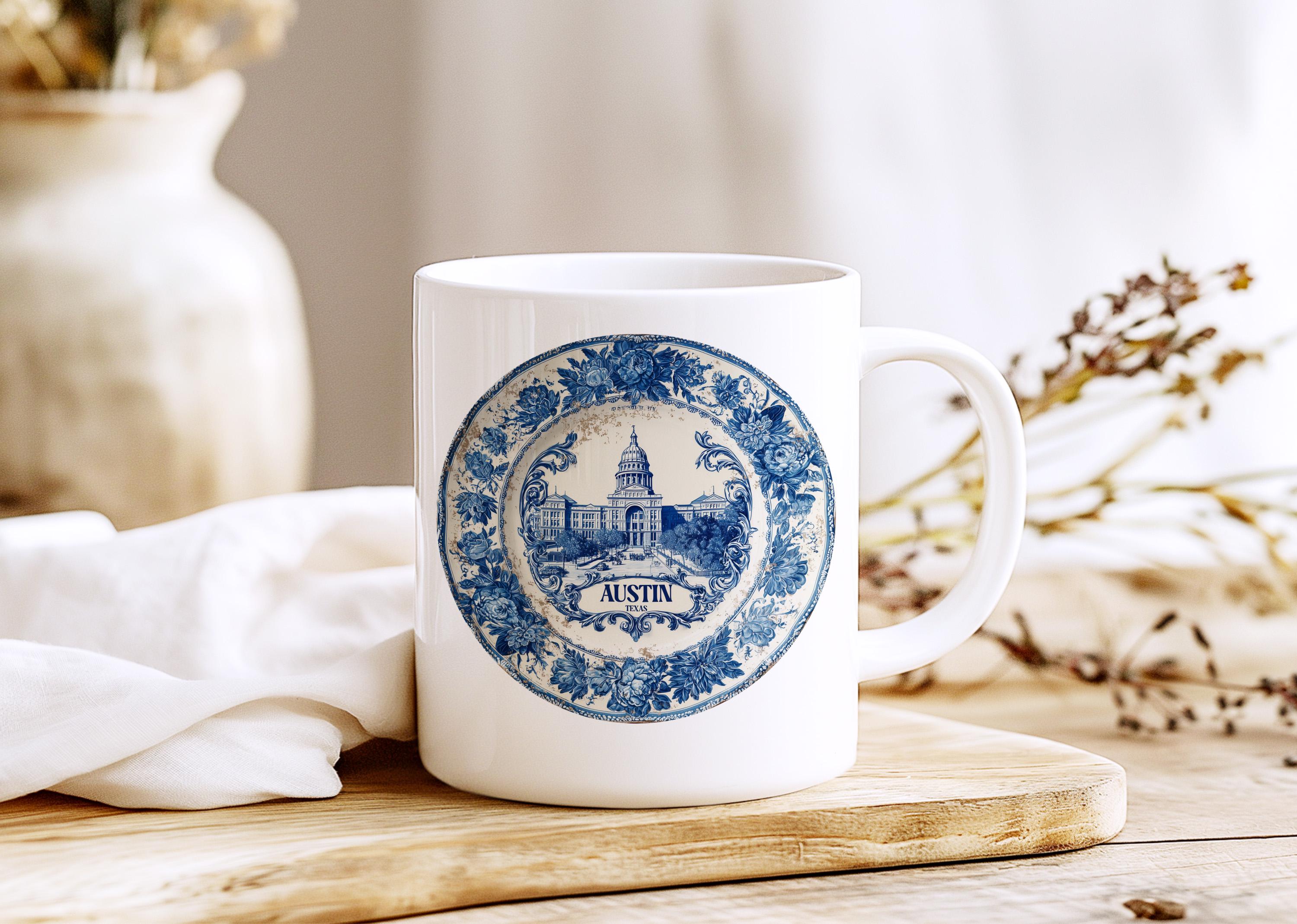 Austin Texas Mug, Custom Delft Style cup, Personalized Vintage Travel City Gift
