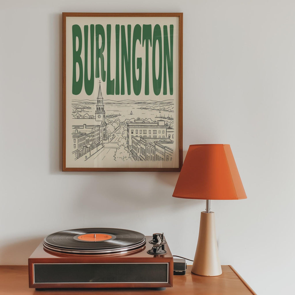 Burlington Vermont Skyline Wall Art, Framed Canvas Print, Retro Travel Decor