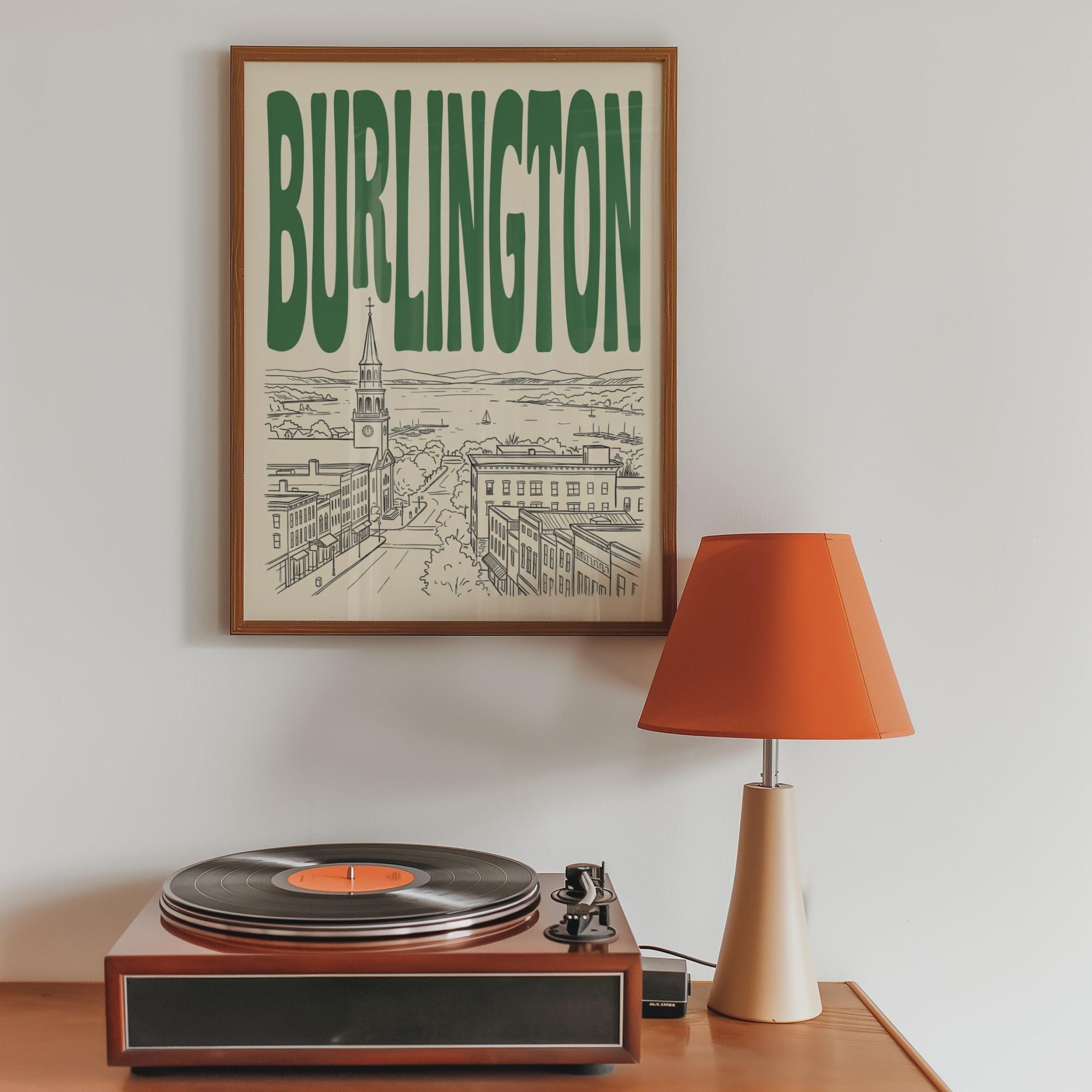 Burlington Vermont Skyline Wall Art, Framed Canvas Print, Retro Travel Decor