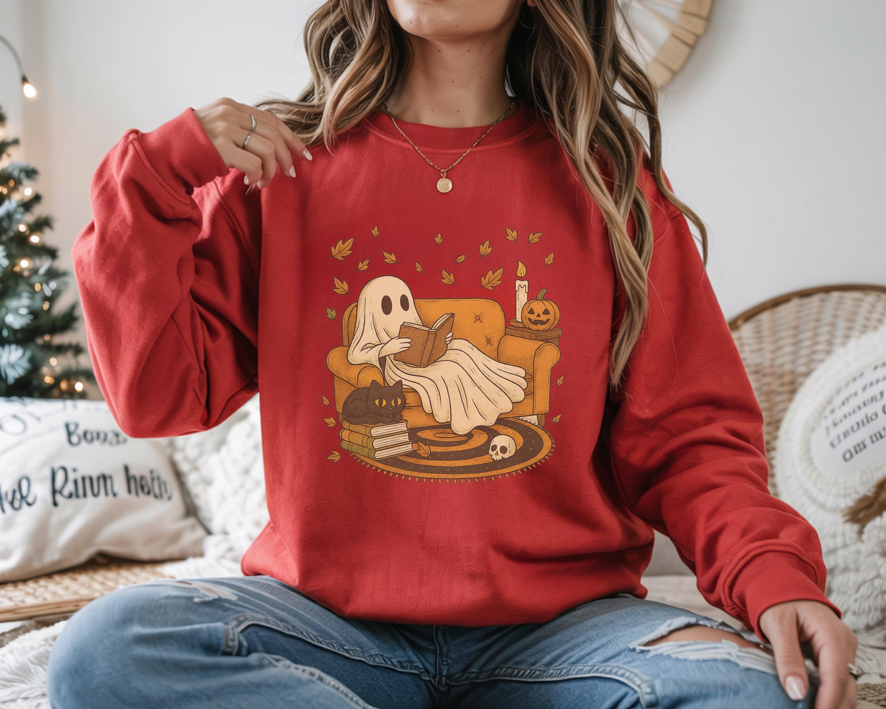 Ghost Book Reader Halloween Sweatshirt: Cozy Spooky Season Gift for book lovers