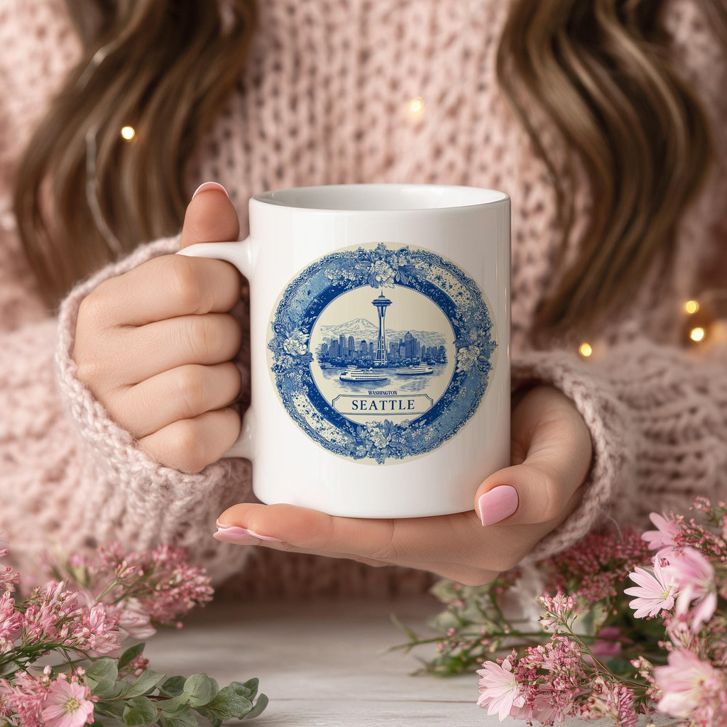 Seattle Washington Mug, Custom Delft Style cup, Personalized Vintage Travel City Gift