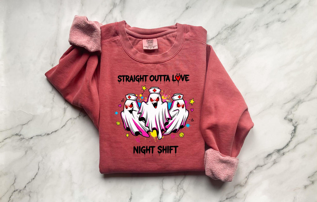 Night Shift Halloween Nurse Sweatshirt, Straight oughta love Spooky RN Fall Top Cozy Autumn Pullover, Cute Retro Gift for Nurse