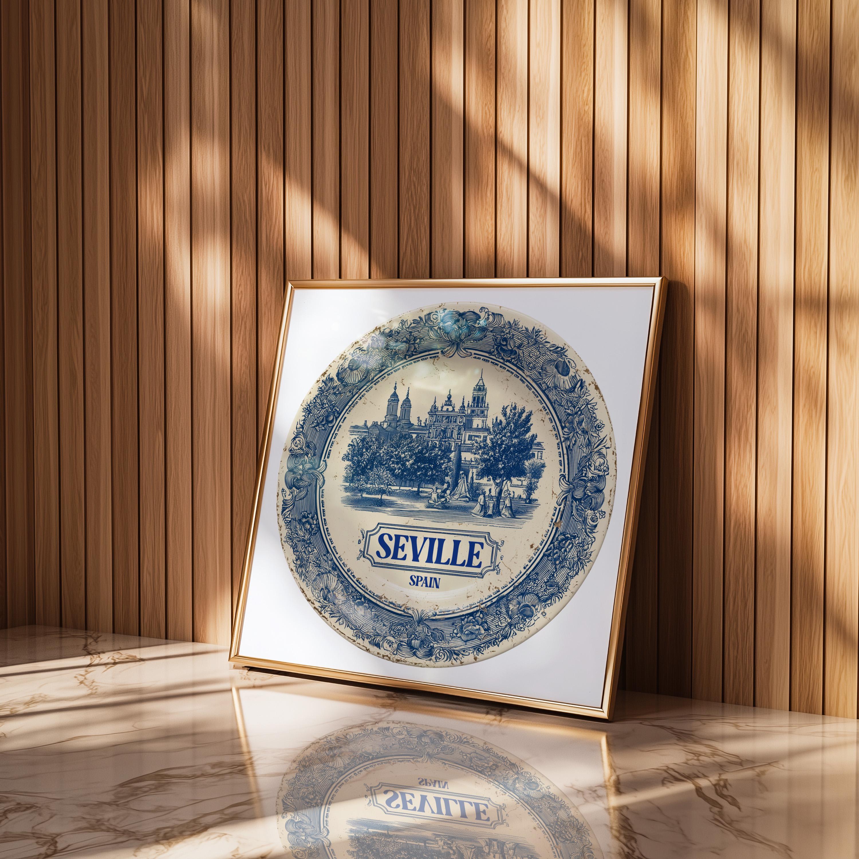 Seville Spain Wall Art, Vintage Delft Blue Poster, City Print, Travel Home Decor