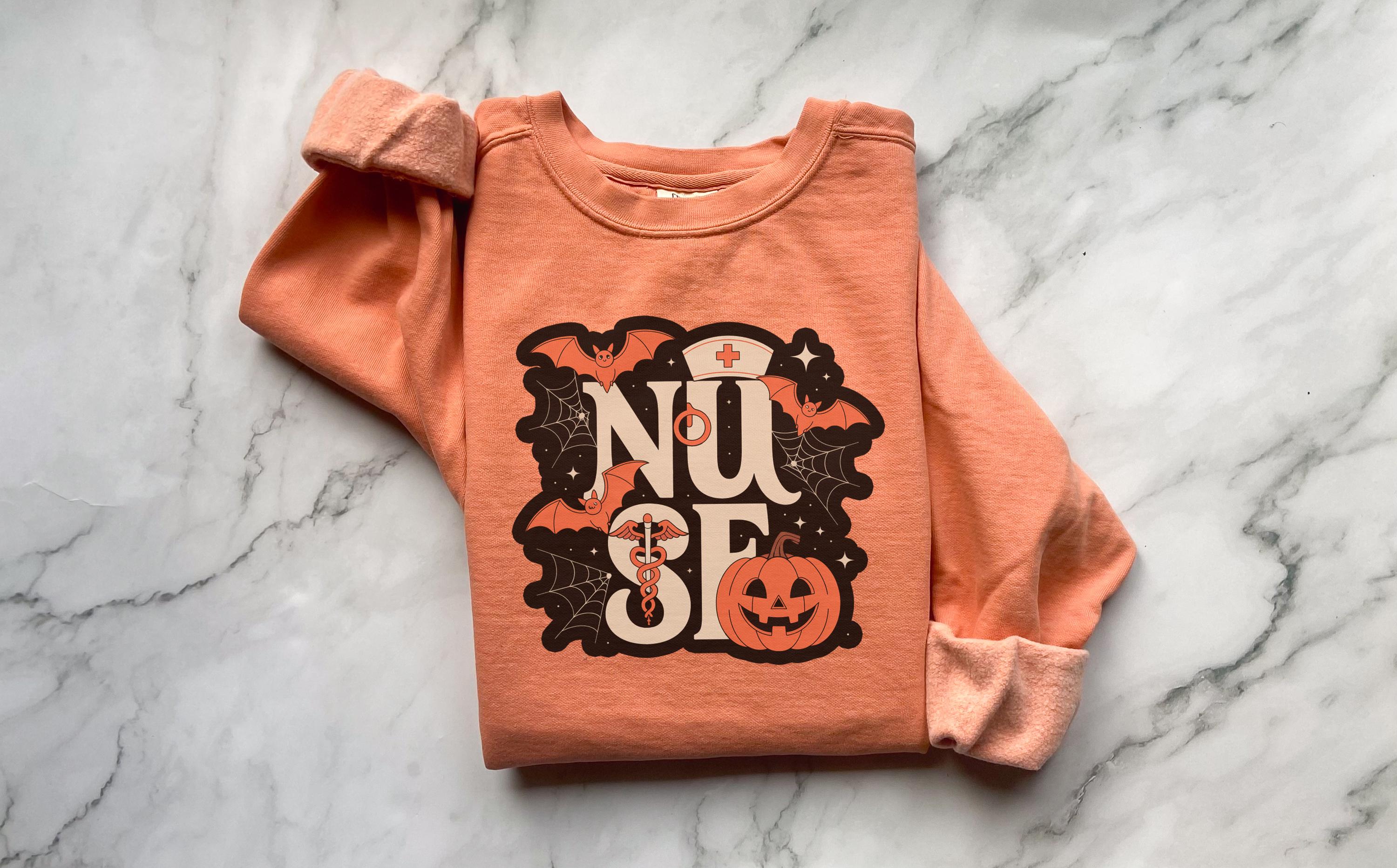 Halloween Nurse Comfort Colors Sweatshirt, Spooky RN Crewneck Pullover, Pumpkin Bat Ghost Print, Fall Nurse Gift Outfit